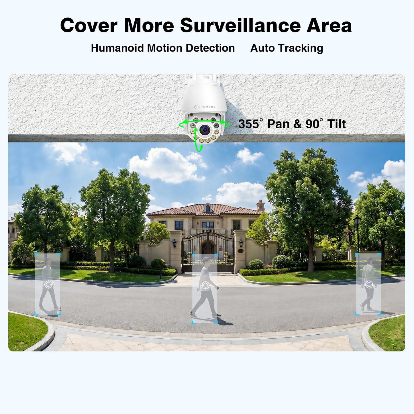 Cromorc 360° View Pan/Tilt/Digital Zoom 5MP WiFi Security Camera Outdoor, Motion Detection, Humanoid Tracking, Floodlight&Siren Alarm, Color Night