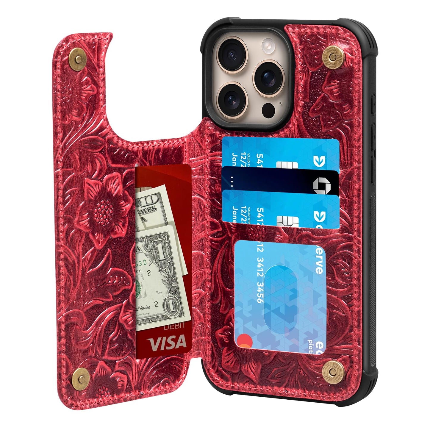RMAWRAD Wallet Real Leather Case Compatible with iPhone 15 Pro Max 6.7" Red