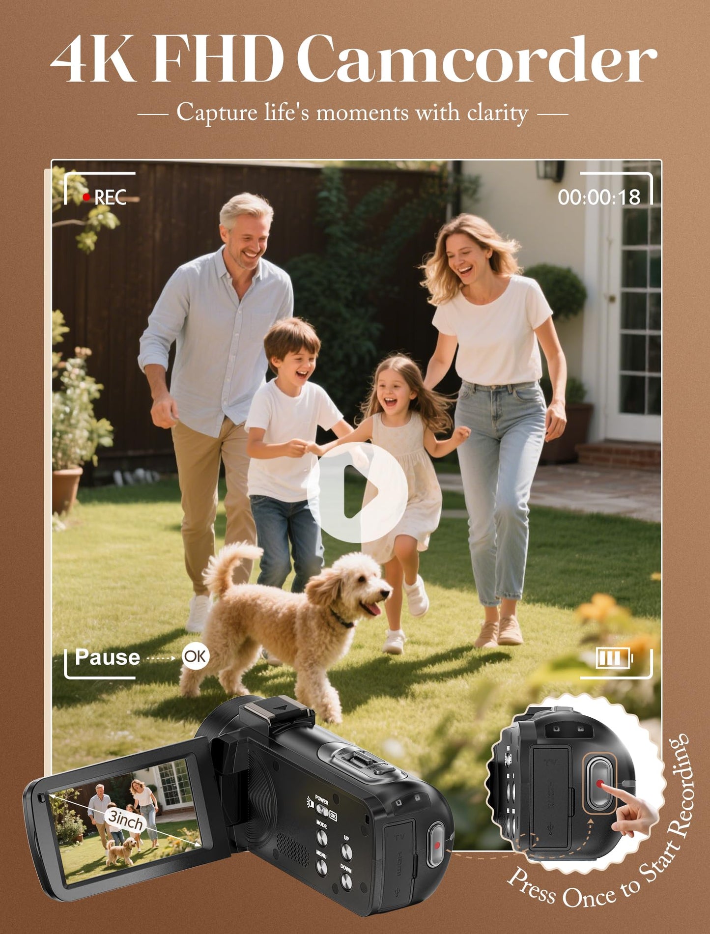 ZYDIIE 4K Video Camera Camcorder UHD 64MP Vlogging Camera for YouTube 18x Digital Zoom 3" 270° Rotation IPS Touchscreen Video Camcorder with Night