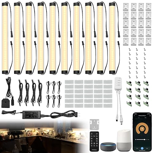 Under Cabinet Lights Kit, LED Smart Dimmable Strip Lighting Fixtures, 24V Plug in Linkable Bar LED Counter Lights for Pantry, Kitchen, Shelf