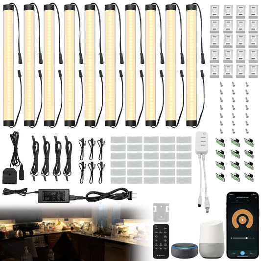 Under Cabinet Lights Kit, LED Smart Dimmable Strip Lighting Fixtures, 24V Plug in Linkable Bar LED Counter Lights for Pantry, Kitchen, Shelf