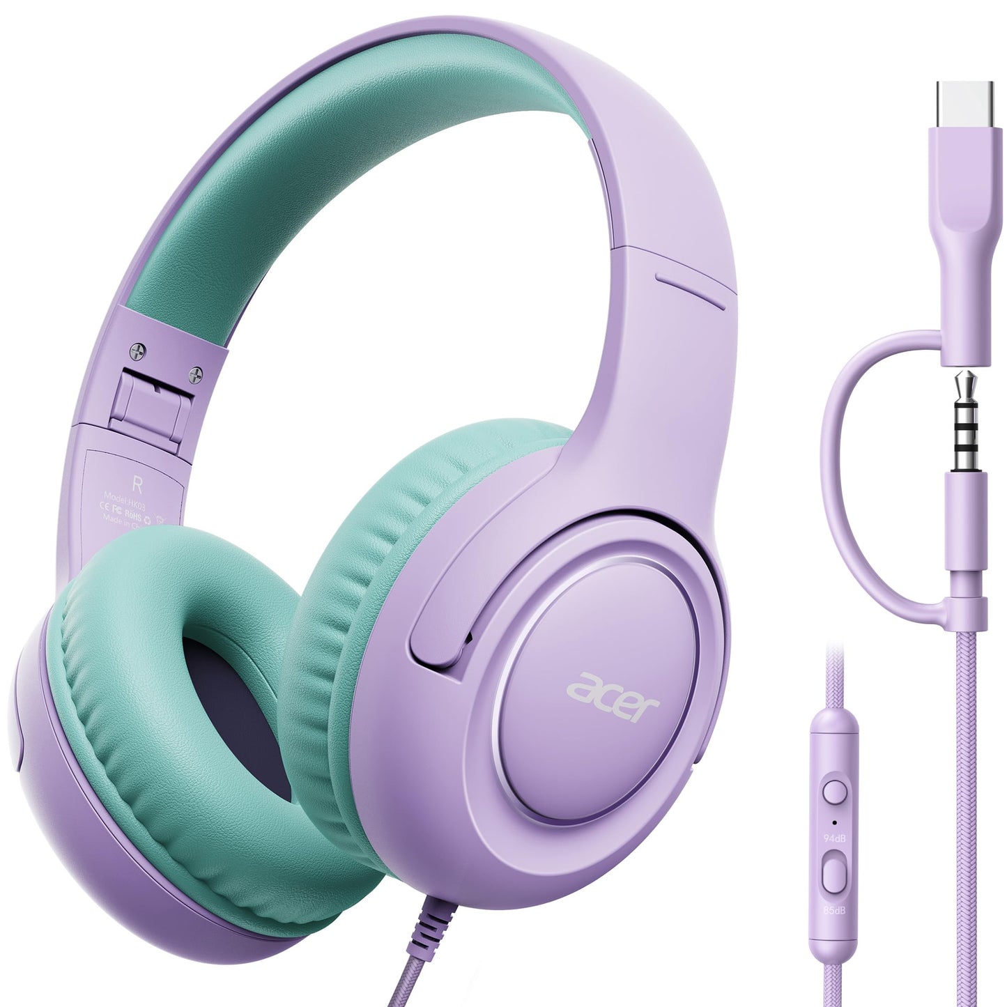 Acer Kids Headphones for School, USB-C-3.5mm Dongle, w/Mic HK03