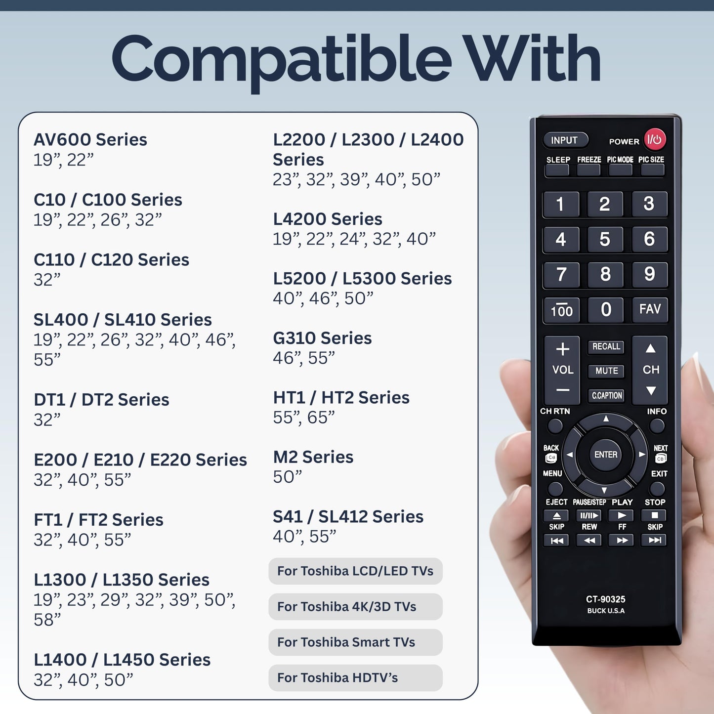 CT-90325 Remote Control Compatible with Toshiba TVs, No Setup Required, Universal for LCD, LED, 4K & Smart HDTVs, Compatible with Models 32C110U