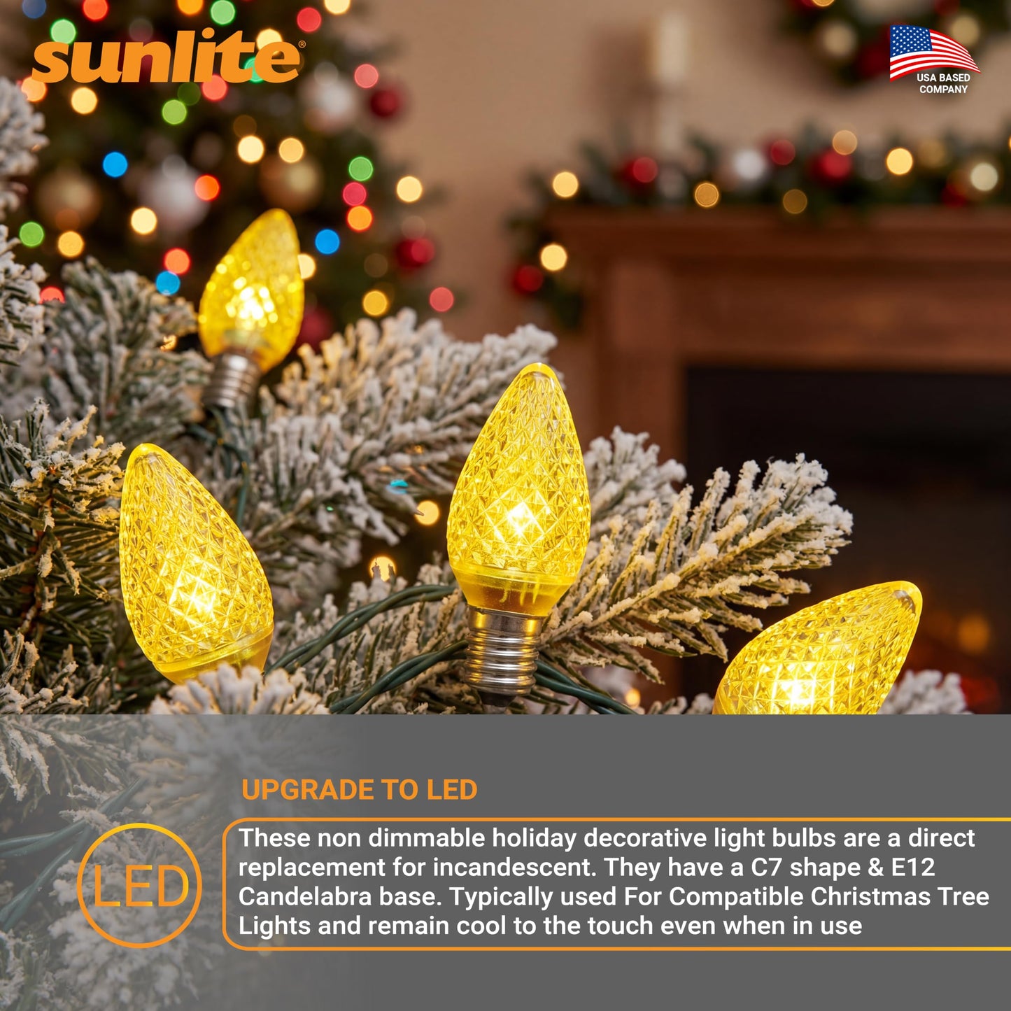 Sunlite 40462 LED C7 Holiday Decorative Light Bulb, 0.4 Watts, E12 Candelabra Base, Faceted Christmas-Lights; Nightlight, Yellow