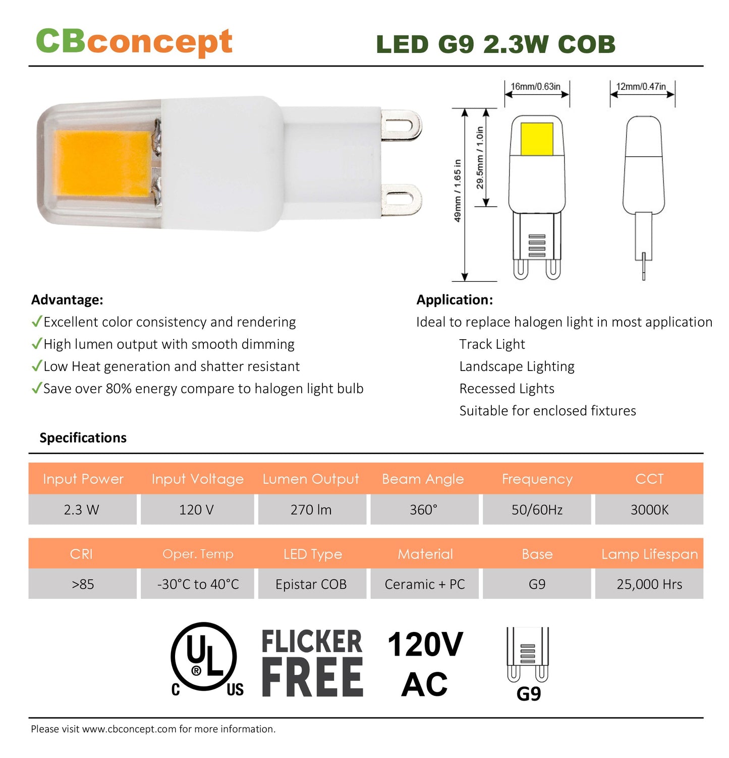 CBconcept UL Listed, G9 LED Light Bulb, 5 Pack, Epistar COB 2.3 Watt, 270 Lumen, Not Dimmable, Warm White 3000K, 360 degree Beam Angle, 120 Volt, 35W