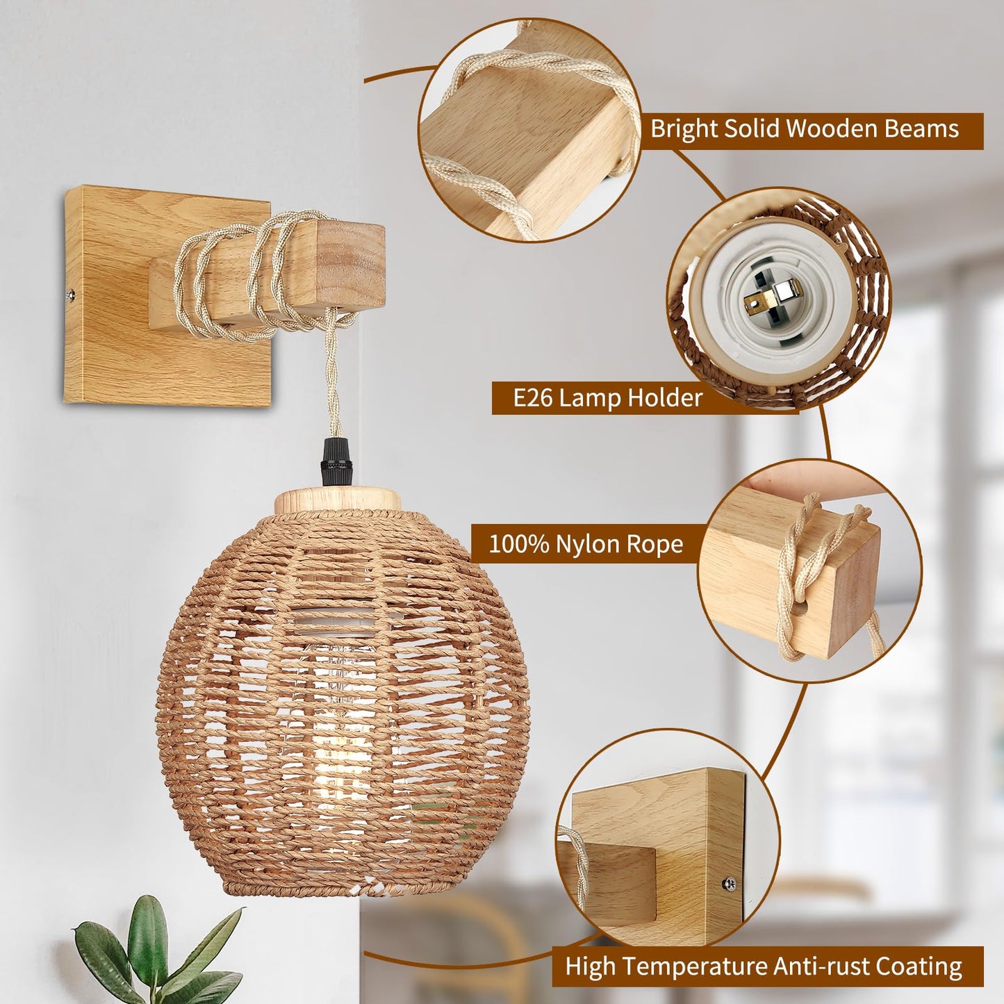 Bagkcopp Rattan Wall Sconce Light, Rattan Lamps for Bedroom, Farmhouse Wall Sconces, Wall Mount Light Fixture Indoor, Boho Bedside Wall Sconces