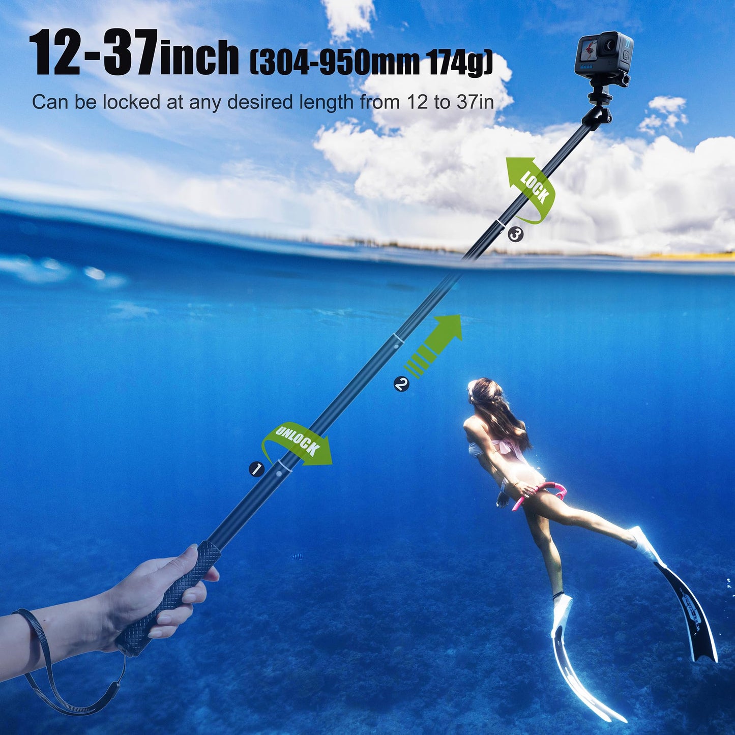 SOONSUN 37" Extension Selfie Stick Hand Grip Waterproof Monopod Pole with 360 Rotation Ball Head for GoPro Hero 13 12 11 10 9 8 7 6 5, Session