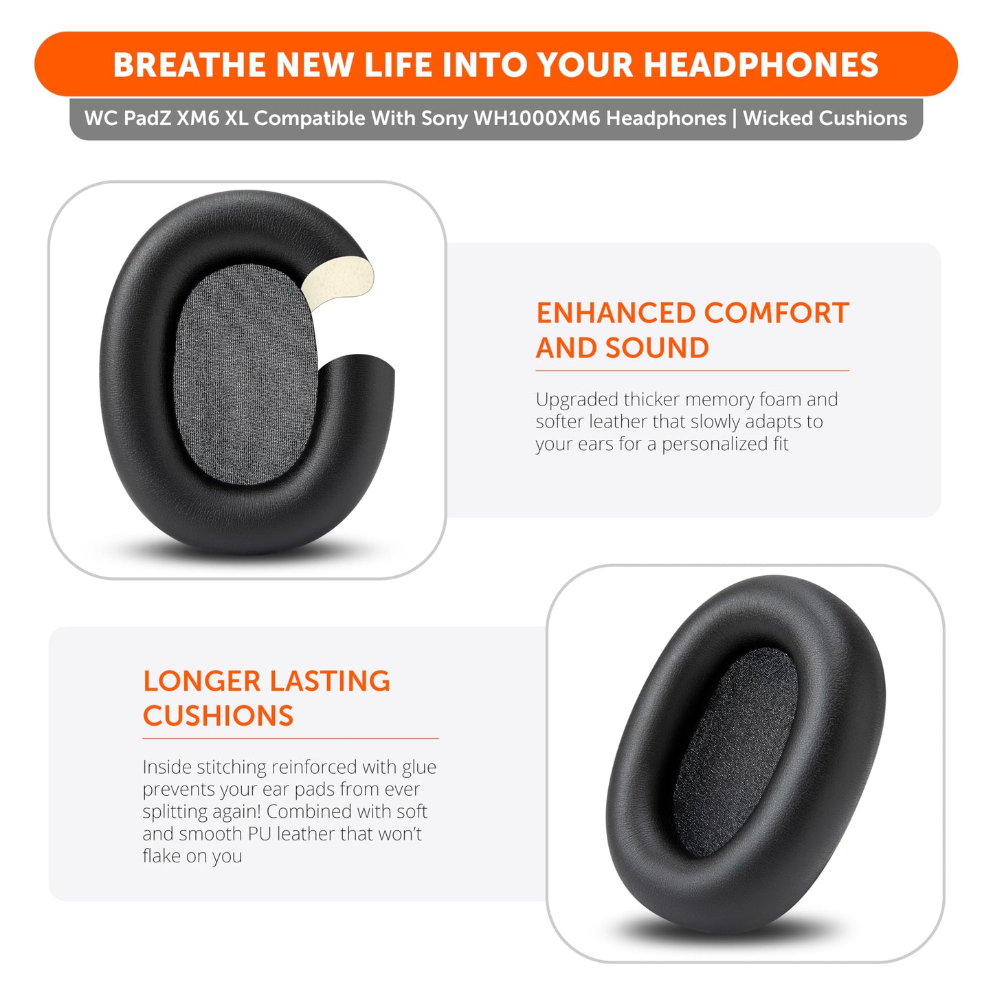 WC PadZ XM6 XL - Extra Large Replacement Ear Pads Compatible with Sony WH-1000XM6 by Wicked Cushions | Bigger Ear Opening, Enhanced Comfort & Sound