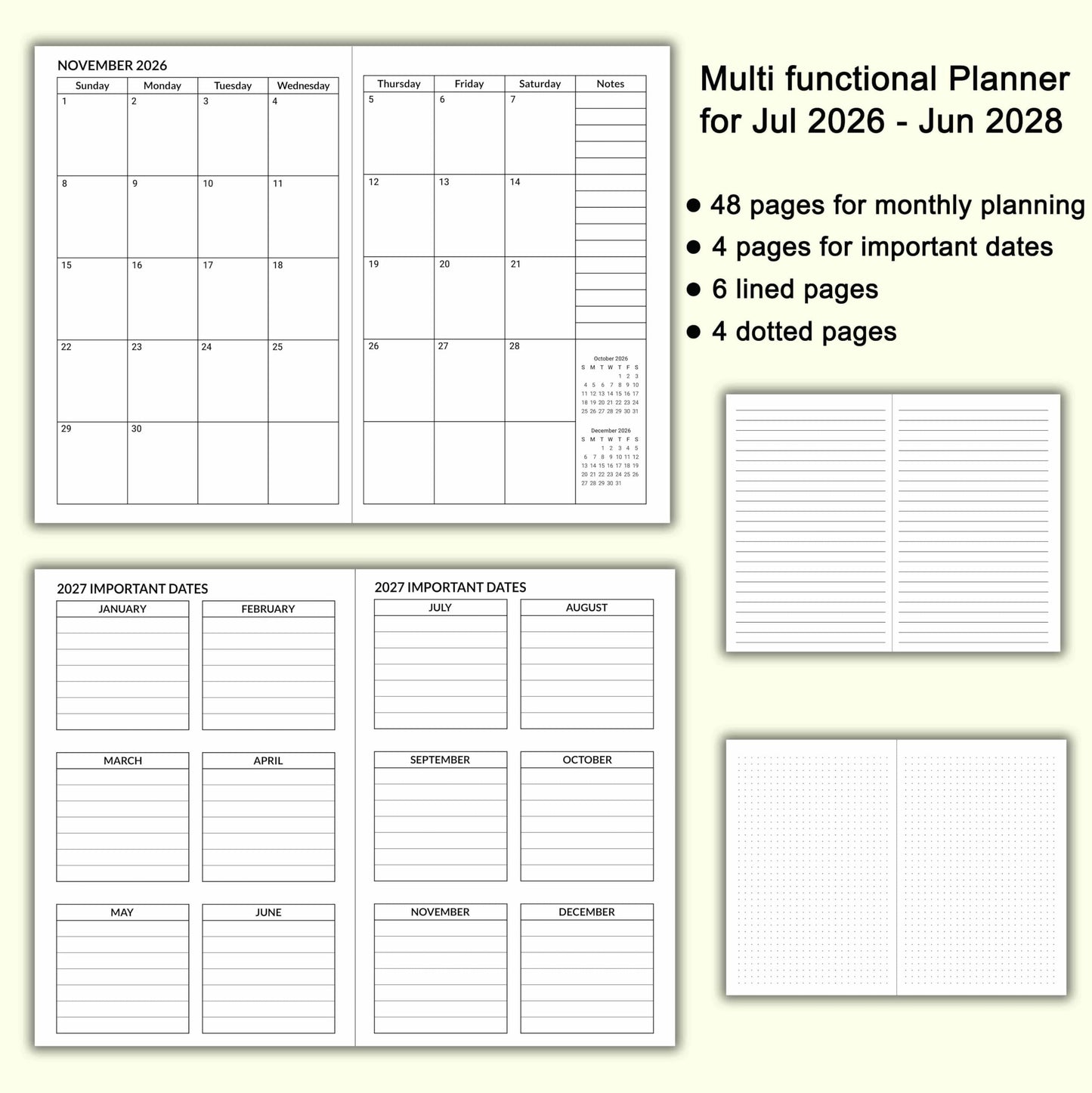 A5 Calendar Planner July 2026 - June 2028, Travelers Notebook Inserts for 2 Years, Monthly Calendar & Important Dates & Line & Dotted, 100gsm Paper