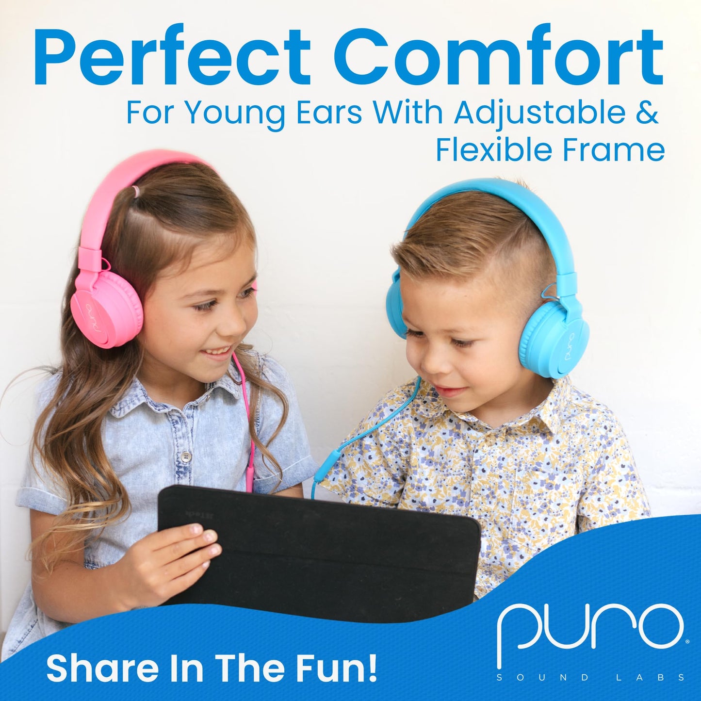 Puro Sound Labs Kids Wired Headphones - Volume-Limiting & Adjustable, Safer & Comfortable Headphones for Kids - Compatible with PCs, Smartphones