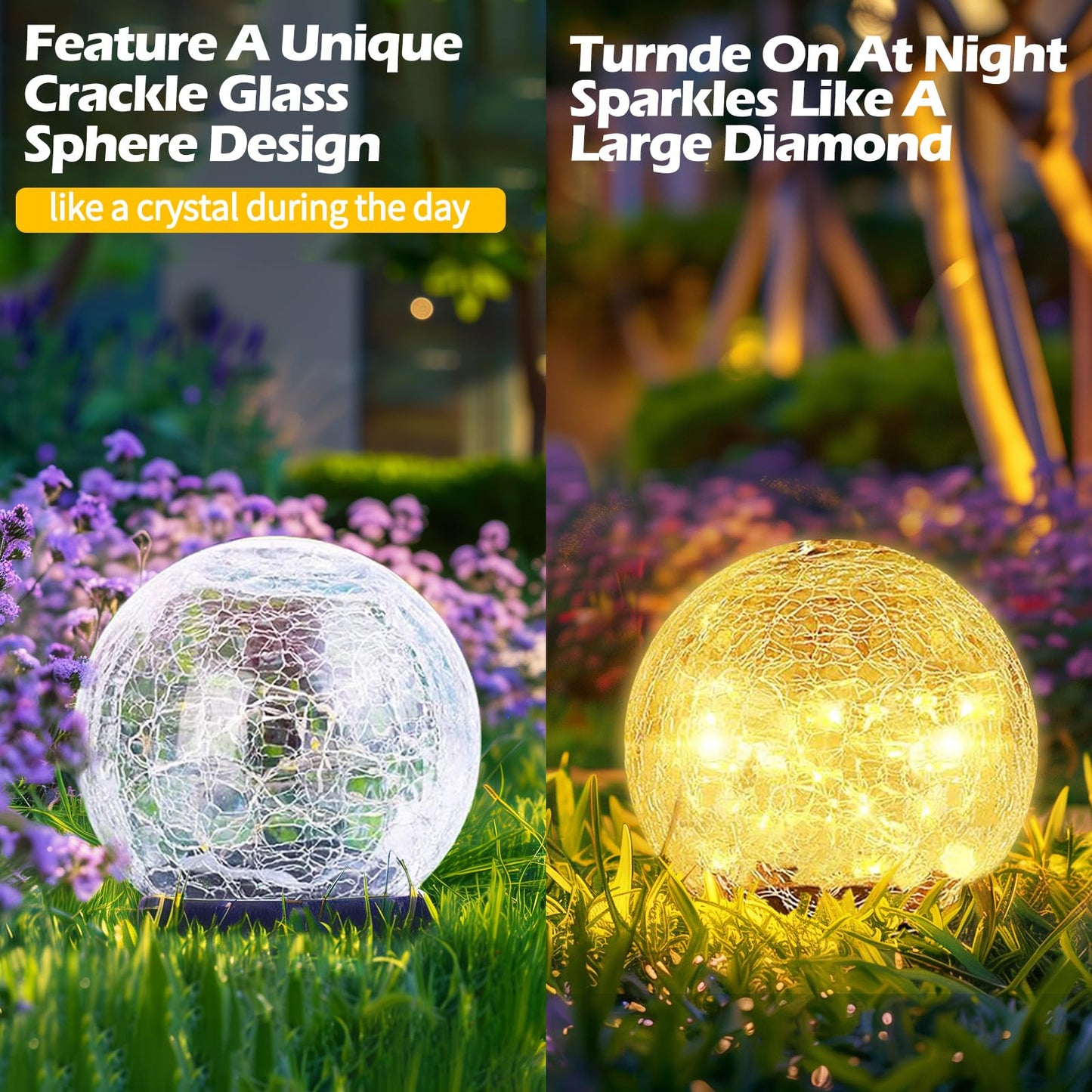Coroor Garden Solar Ball Lights Outdoor Waterproof, 50 LED Cracked Glass Globe Solar Power Ground Lights for Path Yard Patio Lawn, Christmas