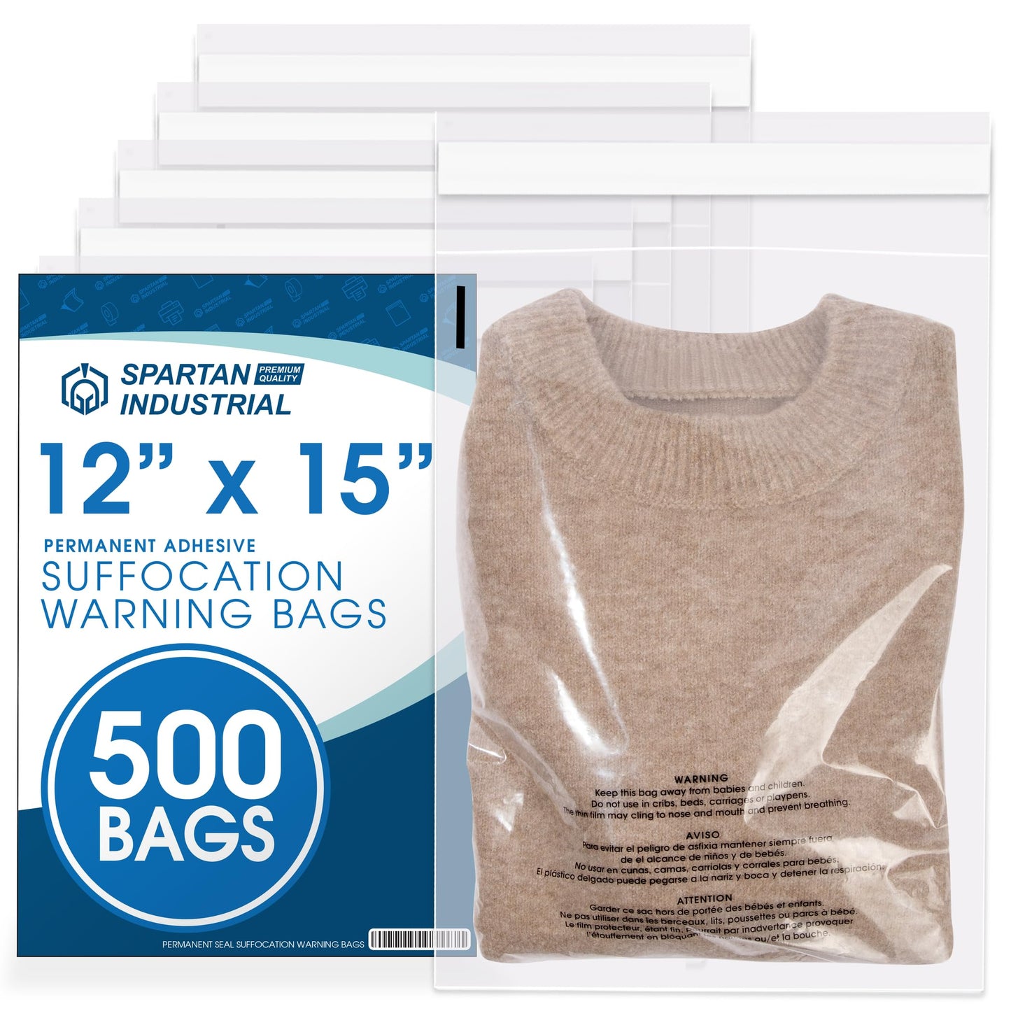 12" X 15" (500 Count) Self Seal Clear Poly Bags with Suffocation Warning