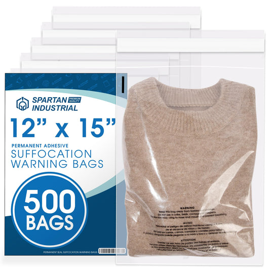 12" X 15" (500 Count) Self Seal Clear Poly Bags with Suffocation Warning