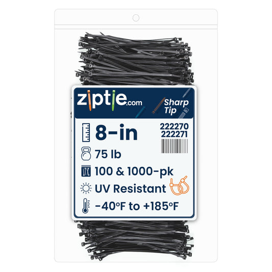 ZipTie.com 8-Inch Sharp Tip Black Nylon Multi-Purpose Zip Ties - 75-lb Tensile Strength Cord Management - UL 21S Listed Tie Wraps - UV Resistant