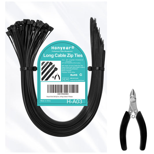 Honyear 24 Inch Cable Zip Ties Heavy Duty (with Wire Cable Cutters), Strong Large Black Zip Ties with 175 Pounds Tensile Strength, 50 Pack, Long