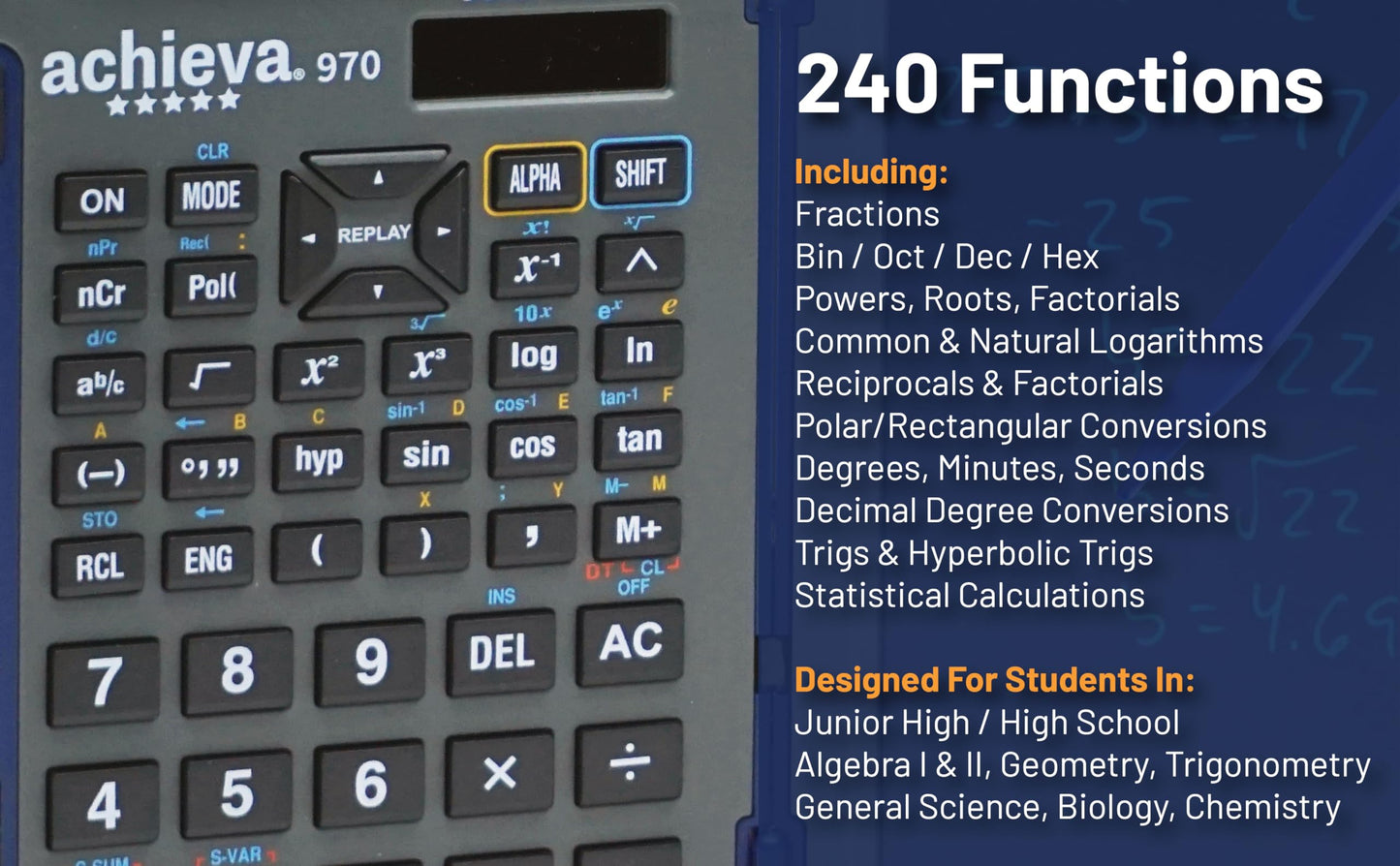 Achieva Scientific Calculator with Erasable LCD Writing Tablet | 2-Line Display | Dual Solar & Battery Power | for Students in Middle School, High