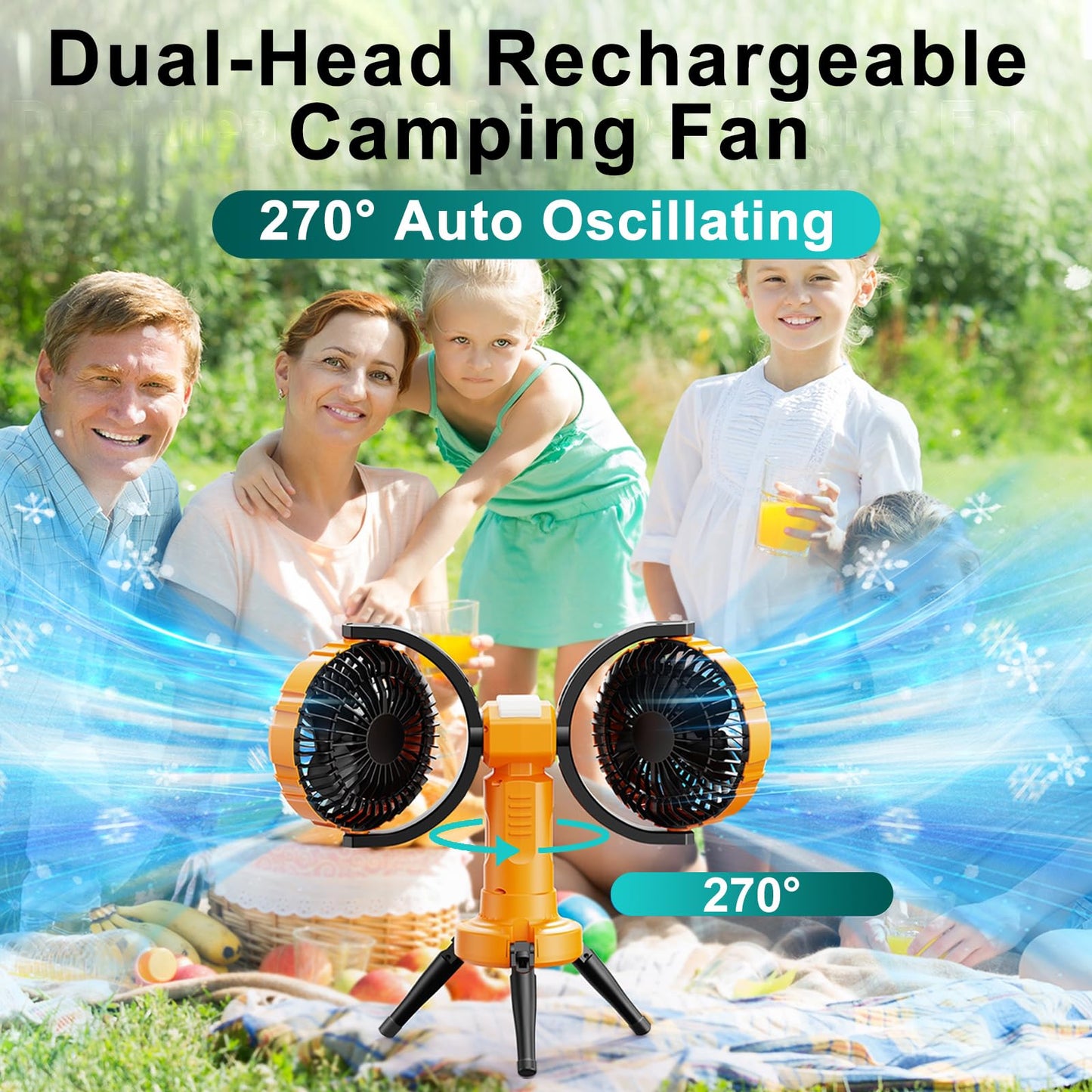 WISFISSH 10000mAh Outdoor Camping Fan, Oscillating Battery Operated Tent Fan with LED Lantern, Dual Head Rechargeable Tent Ceiling Fan with Tripod