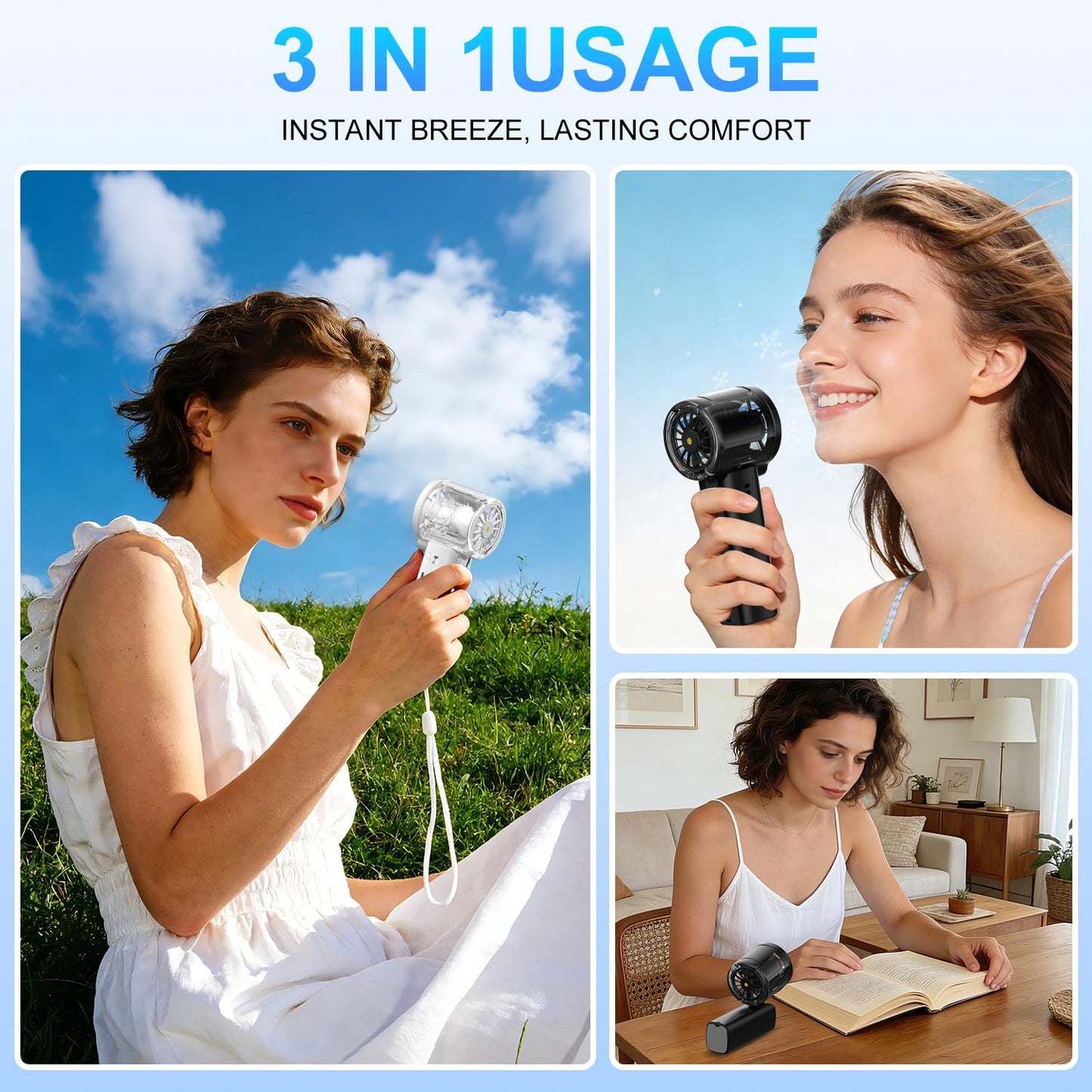 Handheld Misting Fan 100-Speed USB Rechargeable 12H Battery 3-in-1 Neck Fan