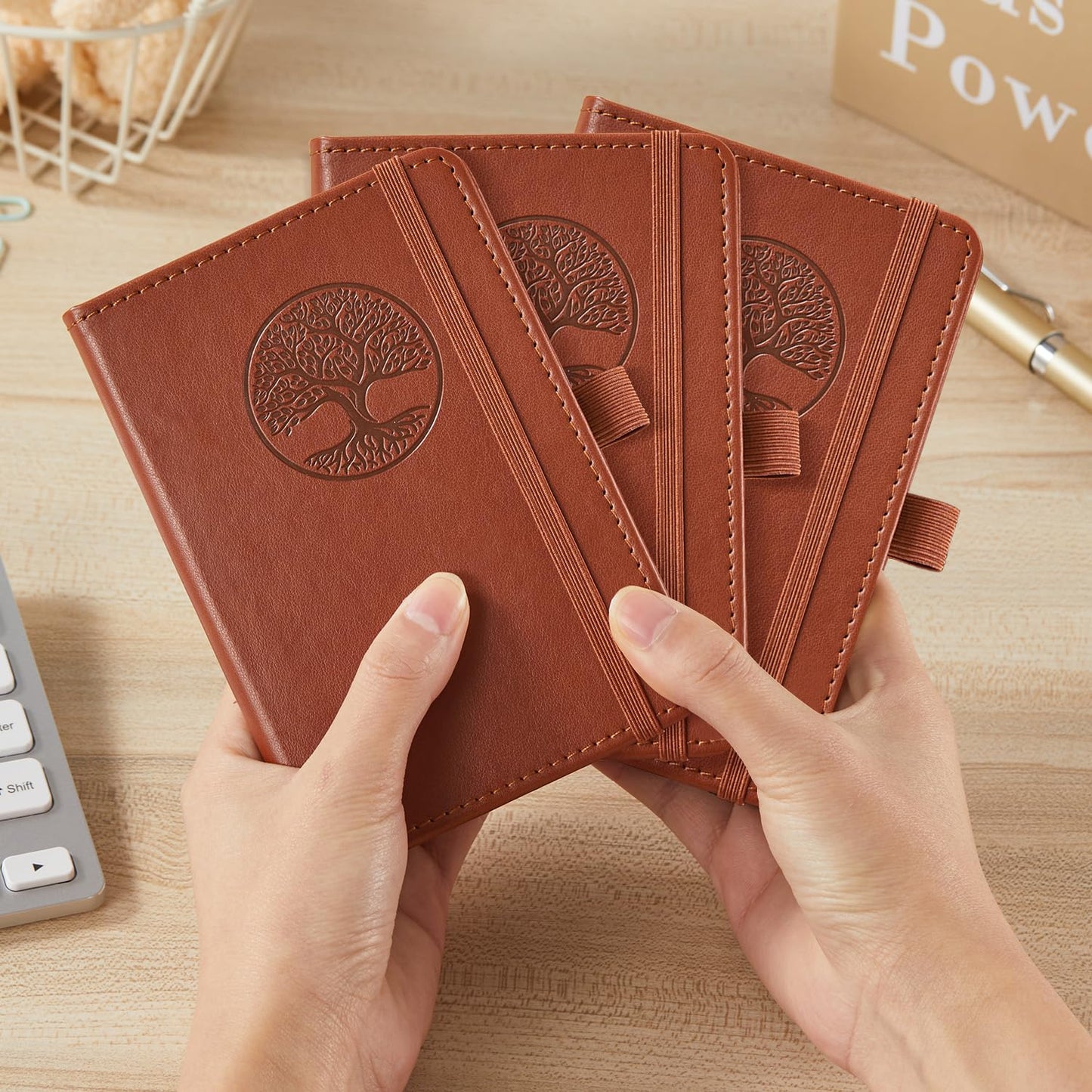 3 Pack Pocket Journal Notebooks, A6 Small Mini Notepad with Pens, 3.7" x 5.7" Leather Hardcover Note Book for Women/Men Work, 400 Pages 100GSM Lined
