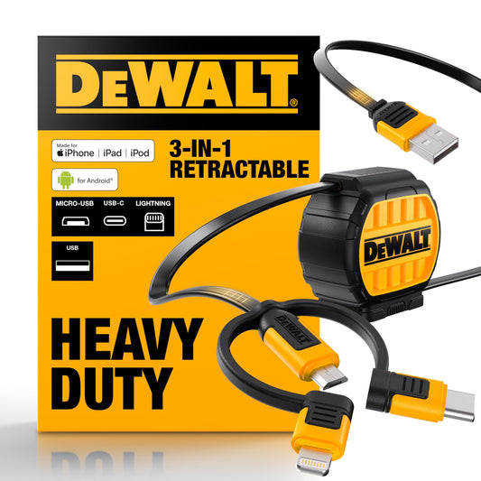 DEWALT Heavy Duty 3 in 1 Retractable Multi Charging Cord, 3ft Fast Charger Cord, Multi Charger Adapter with Lightning/Type C/Micro USB Port…