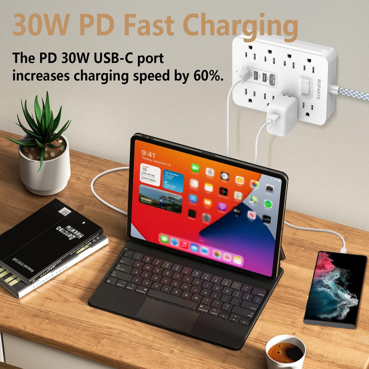 BOPARTE Surge Protector Power Strip, 10 Ft Extension Cord with PD 30W USB C Port, 8 AC Outlets and 3 USB A Ports for Home, Office, Dorm Essentials