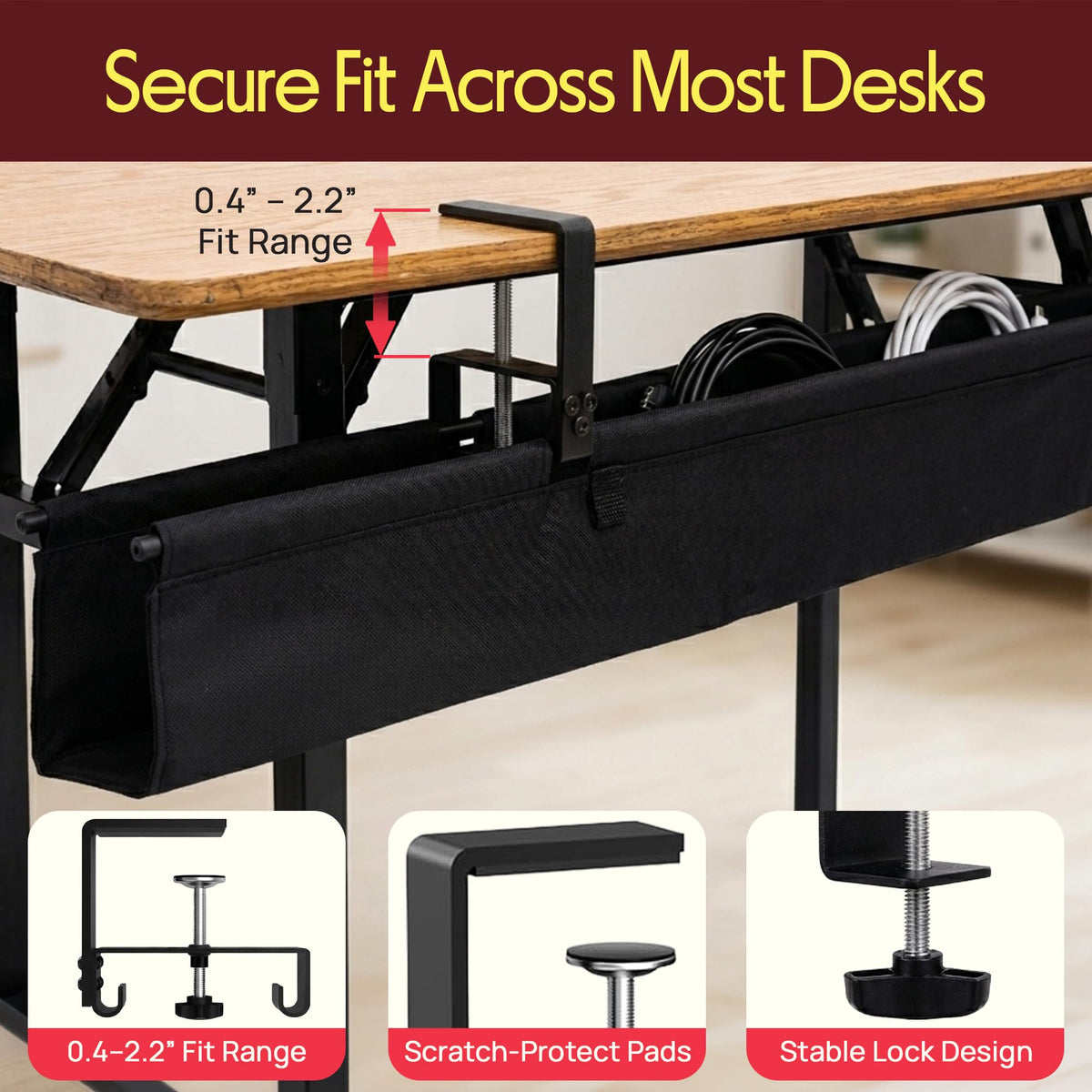 Pyle 48" Under Desk Cable Management Tray, Under Desk Wire Organizer with Clamp or Screw Mount, Desk Cable Organizer with Fabric Design for Large