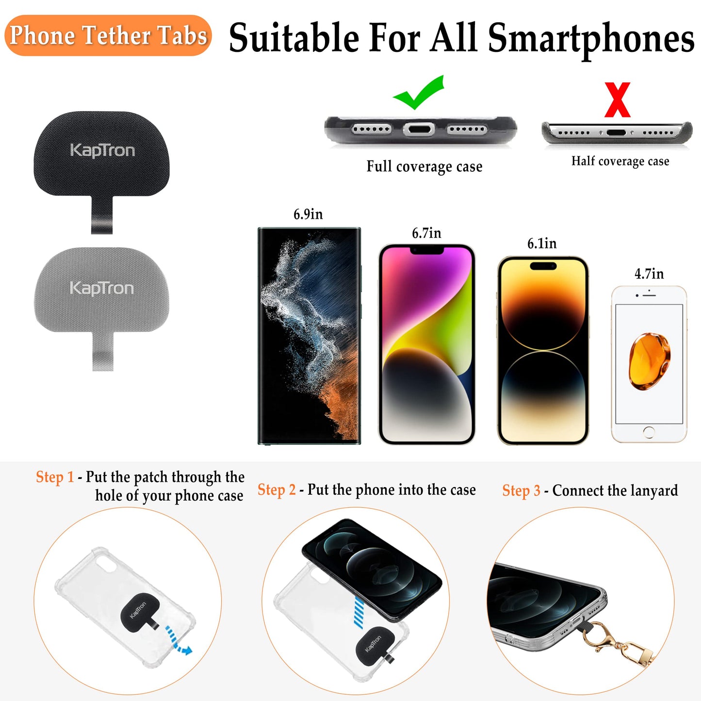 Kaptron 2Pcs Cell Phone Lanyard: Universal Adjustable Crossbody Phone Strap and Wrist Strap, with 2 Lobster Clips and 2 Tether Patches, Compatible