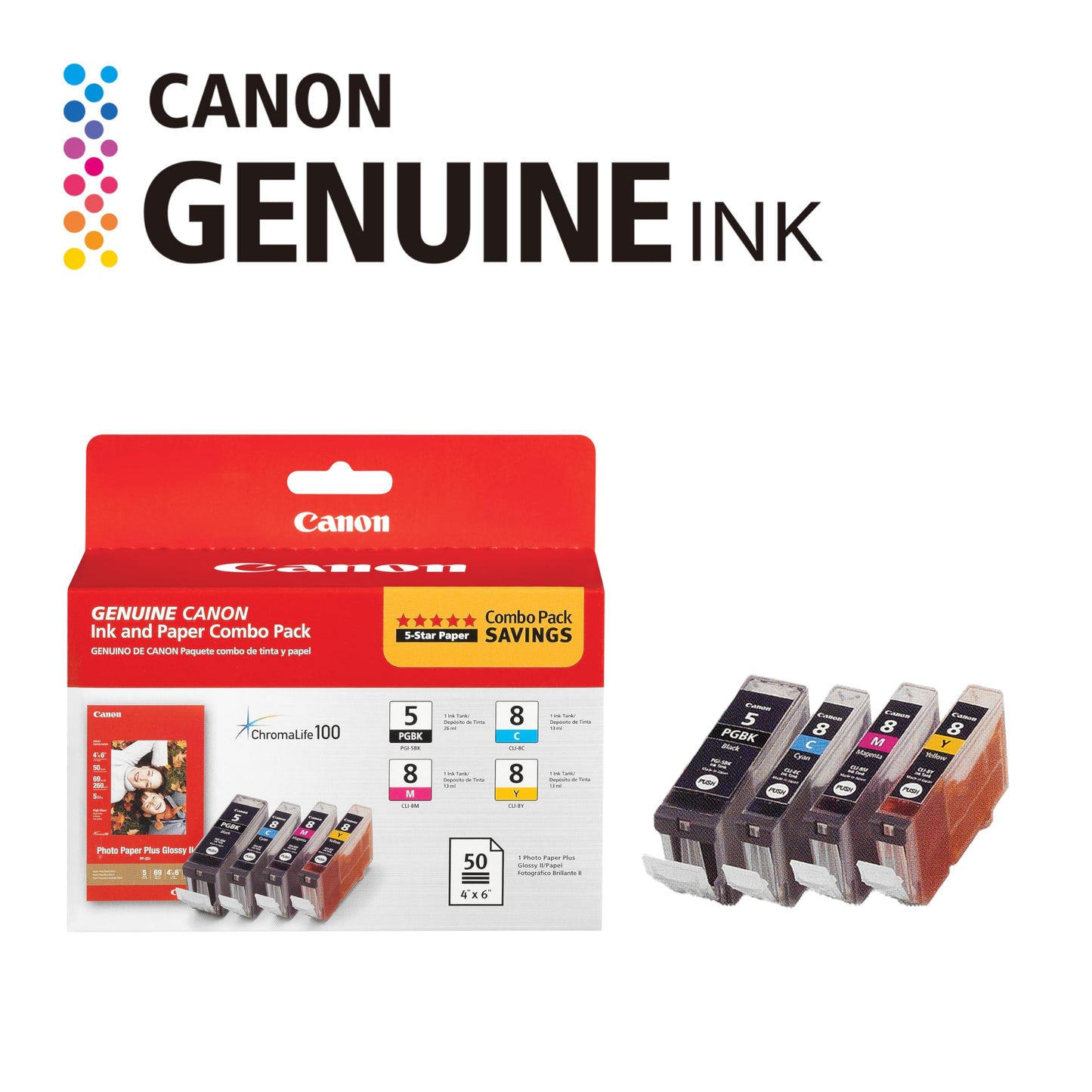 Canon PGI-5/CLI-8 Genuine Combo Pack with Photo Paper 50 Sheets, Compatible with MP500, MP510, MP520, MP530, MP600, MP610, MP800, MP800R, MP810
