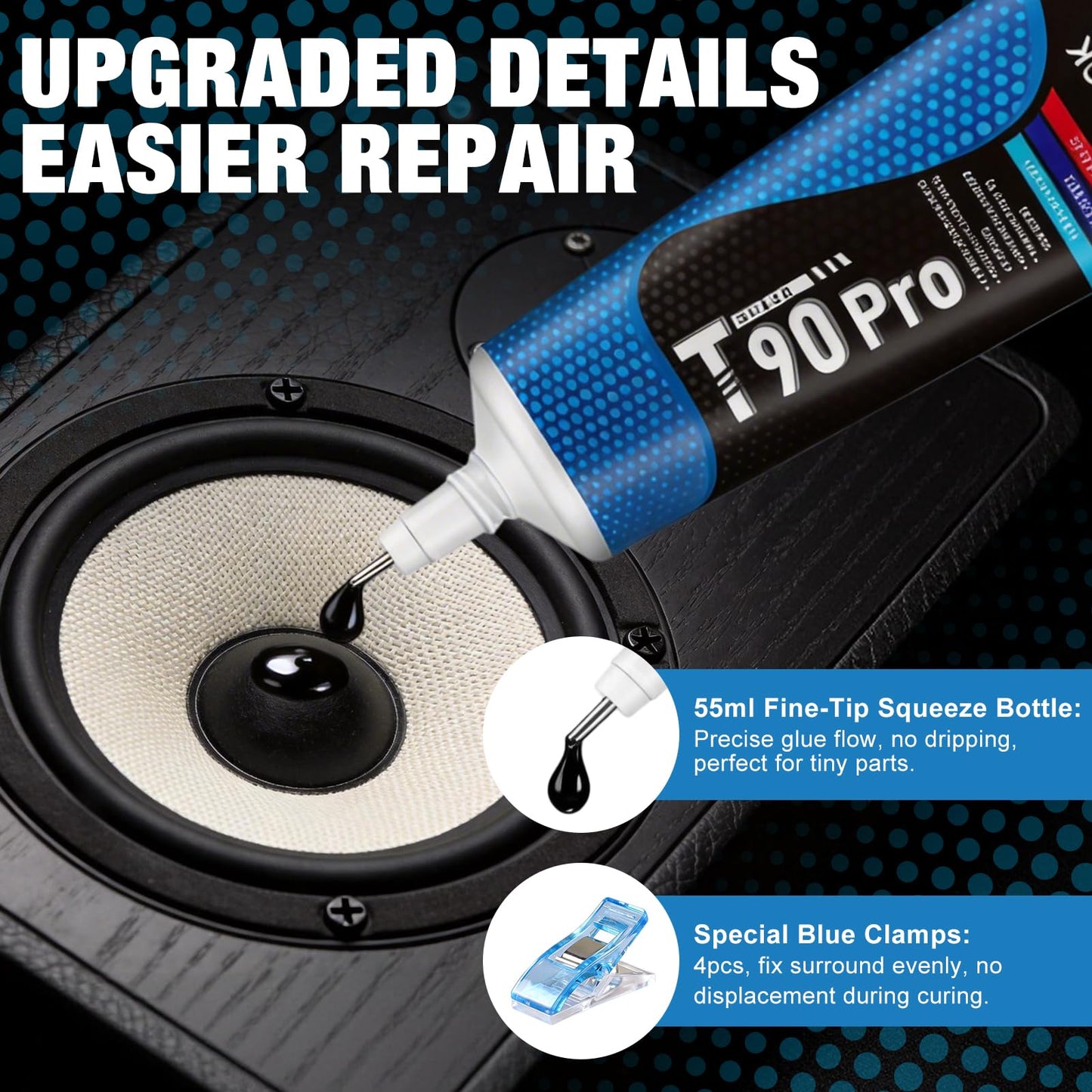 1.86 Oz Speaker Glue, Speaker Repair Glue, Strong Speaker Glues with Blue Clips, Waterproof and Shockproof, Used for Assembling and Repairing Speaker