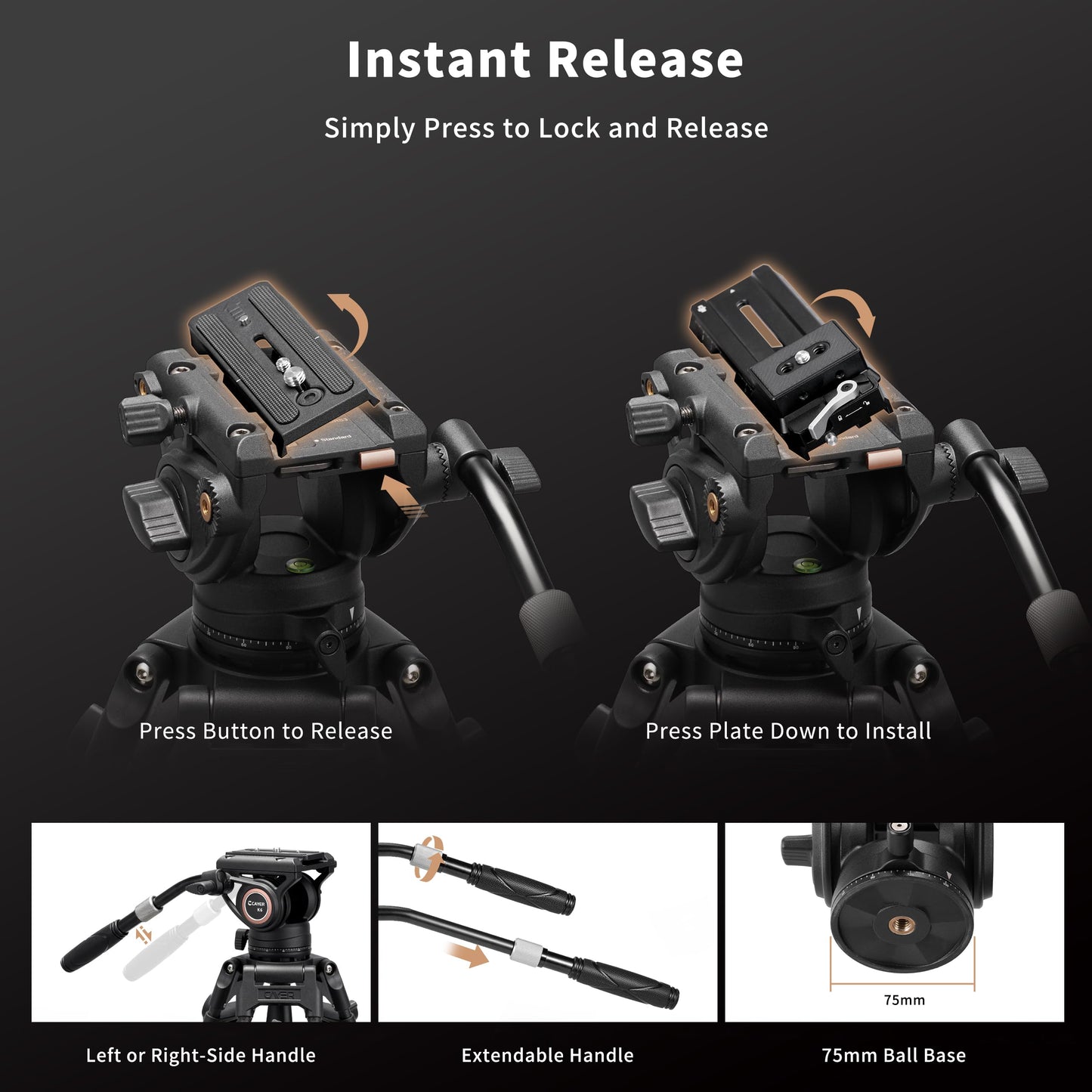 Cayer K6 Fluid Head, Metal Camera Tripod Head with Adjustable Pan Handle, Heavy Duty Video Tripod Pan Tilt Head for Video Cameras, DSLR Cameras