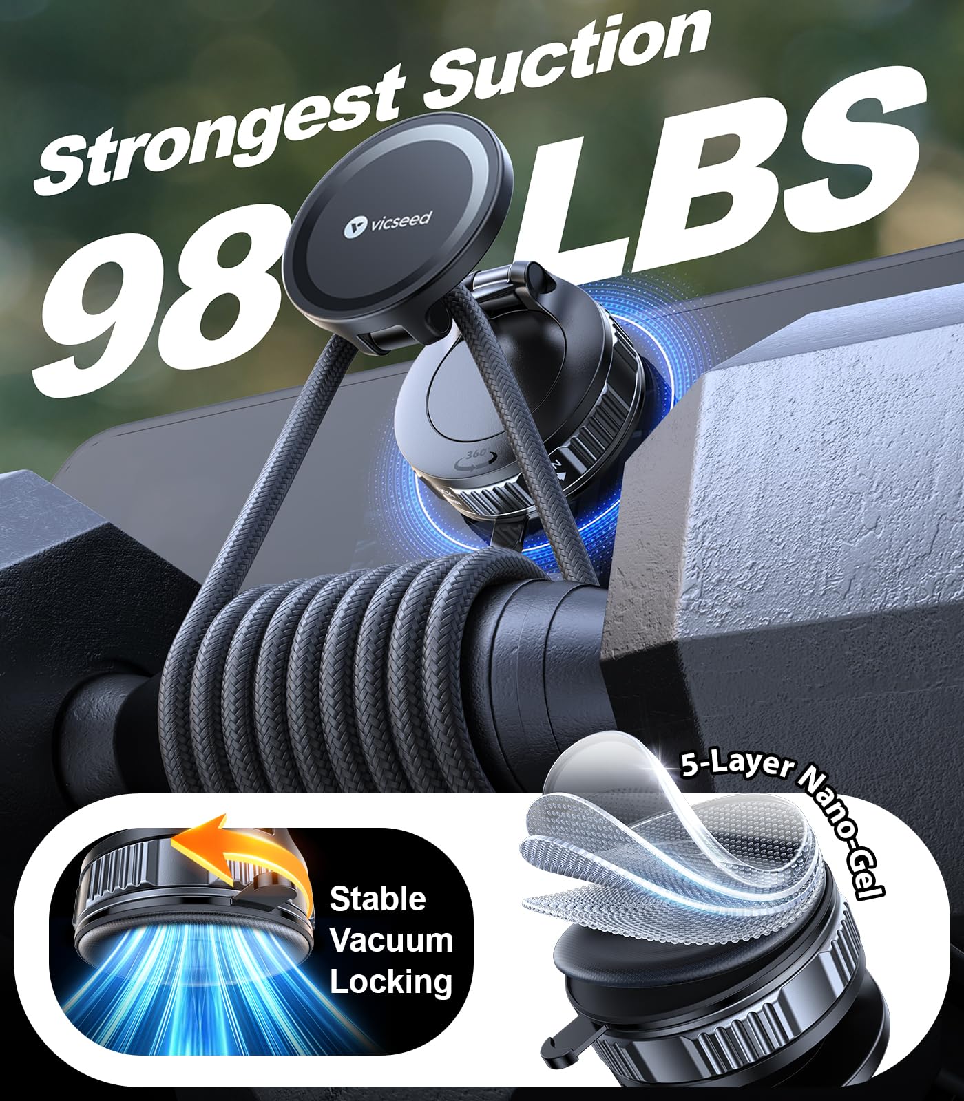 VICSEED Ultimate for Magsafe Car Mount [98+LBS Strongest Suction] 360° Vacuum Magnetic Phone Holders for Your Car Metal Arm Foldable Cellphone Mount