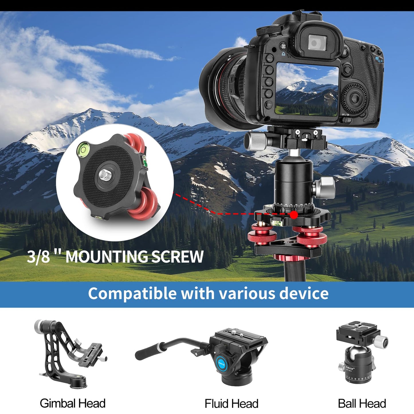 Tripod Leveling Base Camera Leveler, Aircraft Grade Aluminum Alloy 3 Axis Tri Wheel Head, 3/8” Thread, with +/-5 Degree Precision Adjustment for DSLR