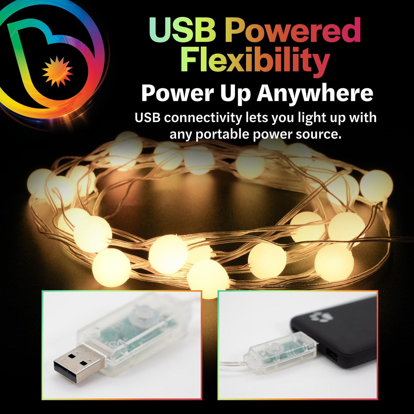 Brightz GlobeBrightz 16 ft LED USB String Lights, Warm White - Glamping Tent Lights for Camping - LED Camp Light - Use for Hammocks, Camping Tents