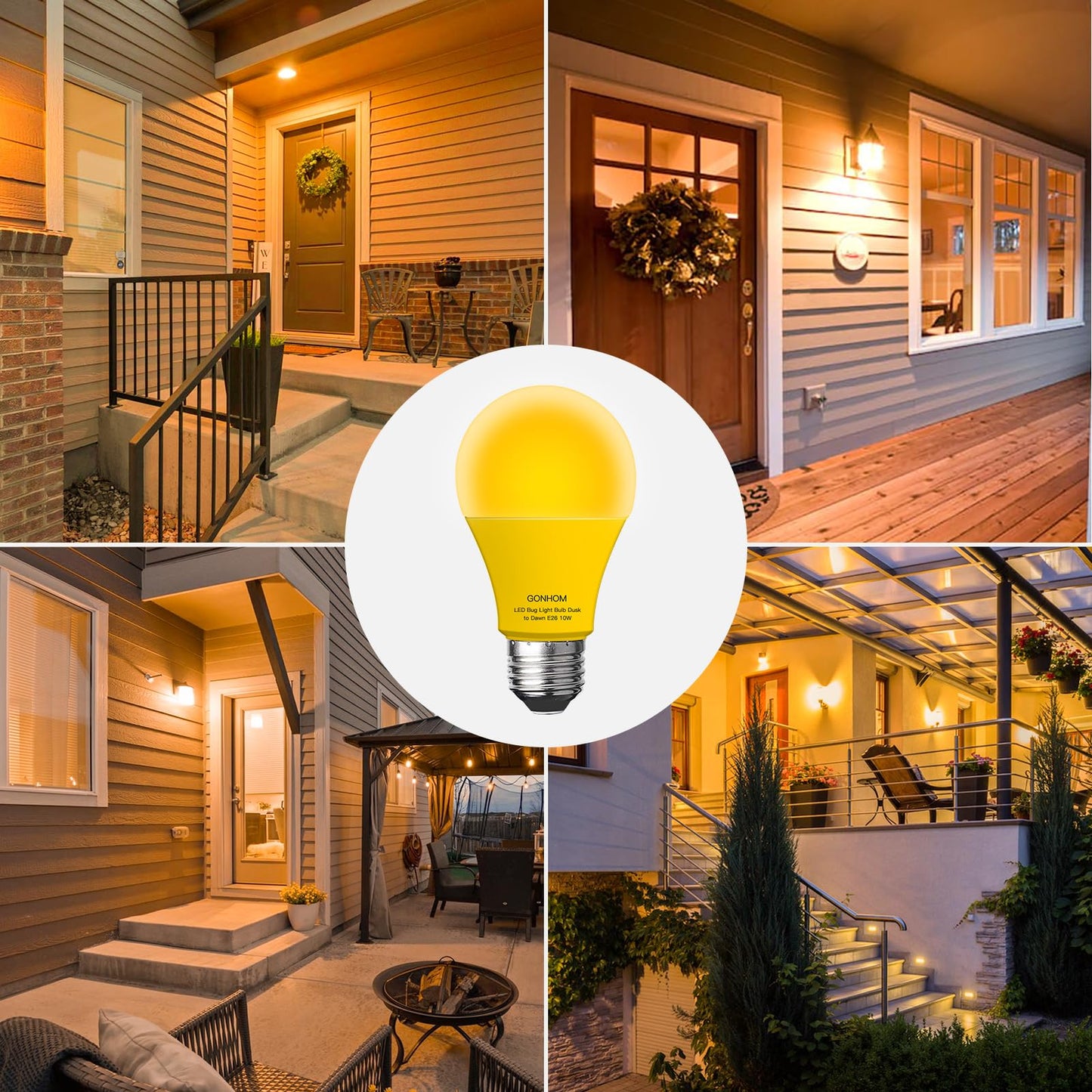 Gonhom Dusk to Dawn Bug Light Bulb Outdoor,4 Pack Amber Bug Light Bulb,Auto On/Off,10W(100W Equivalent),E26 Base,Bug Lights for Outside.Home Hallway