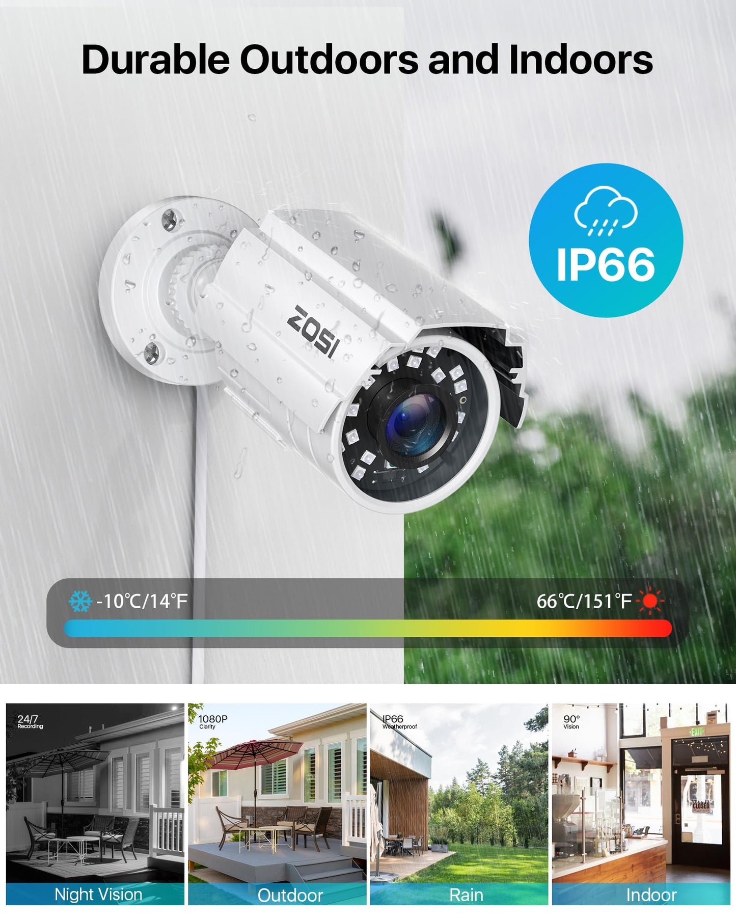 ZOSI 2MP HD 1920TVL Outdoor Indoor Security Camera 1080p (Hybrid 4-in-1 HD-CVI/TVI/AHD/960H Analog CVBS), 24PCS LEDs, 80ft IR Night Vision