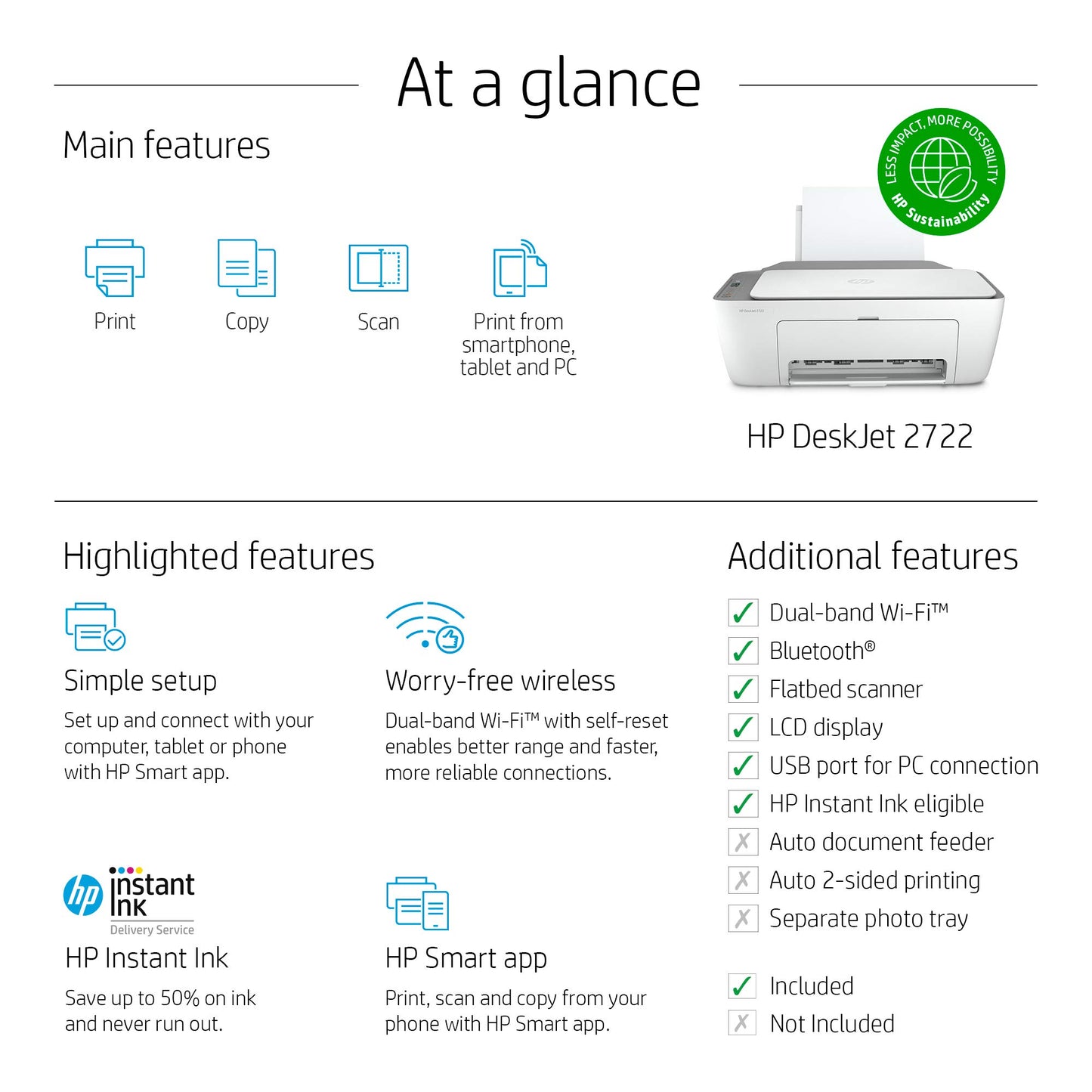 HP DeskJet 2722 Wireless Bluetooth Color Inkjet All-in-One Printer for Home Office, Gray - Print Scan Copy - 1200 x 1200 dpi, Icon LCD Display