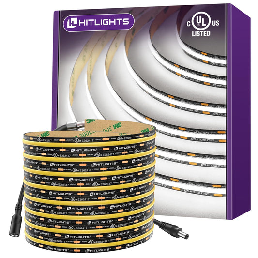HitLights White LED Strip Lights 5000K, 16.4ft Premium 12V COB Tape Light High Density, 2400 LEDs, 305+ LM/FT, CRI 90+, IP30, Lighting for Kitchen