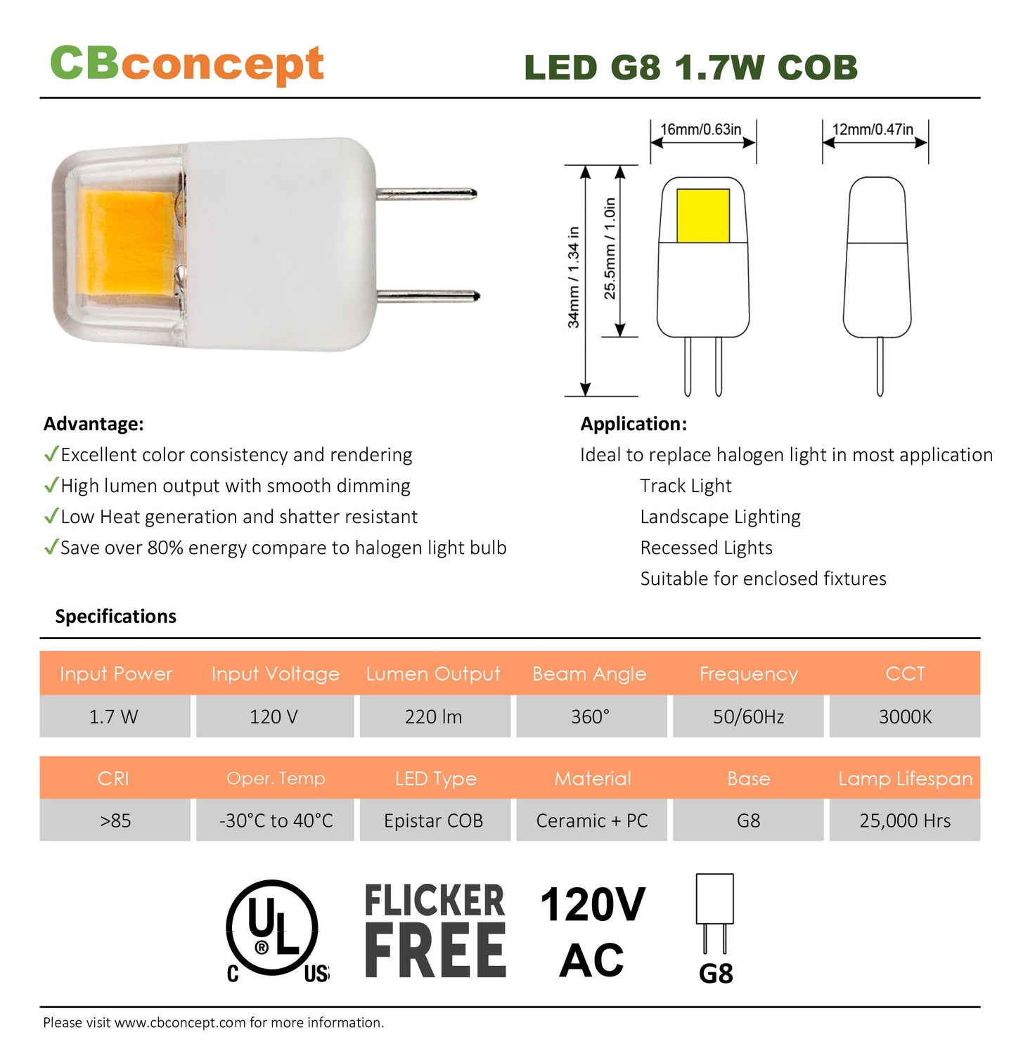 CBconcept UL Listed G8 LED Light Bulb, 5 Pack, Epistar COB 1.7 Watt, 220 Lumen, NOT Dimmable, Warm White 3000K, 360 degreeBeam Angle, 20W Equivalent