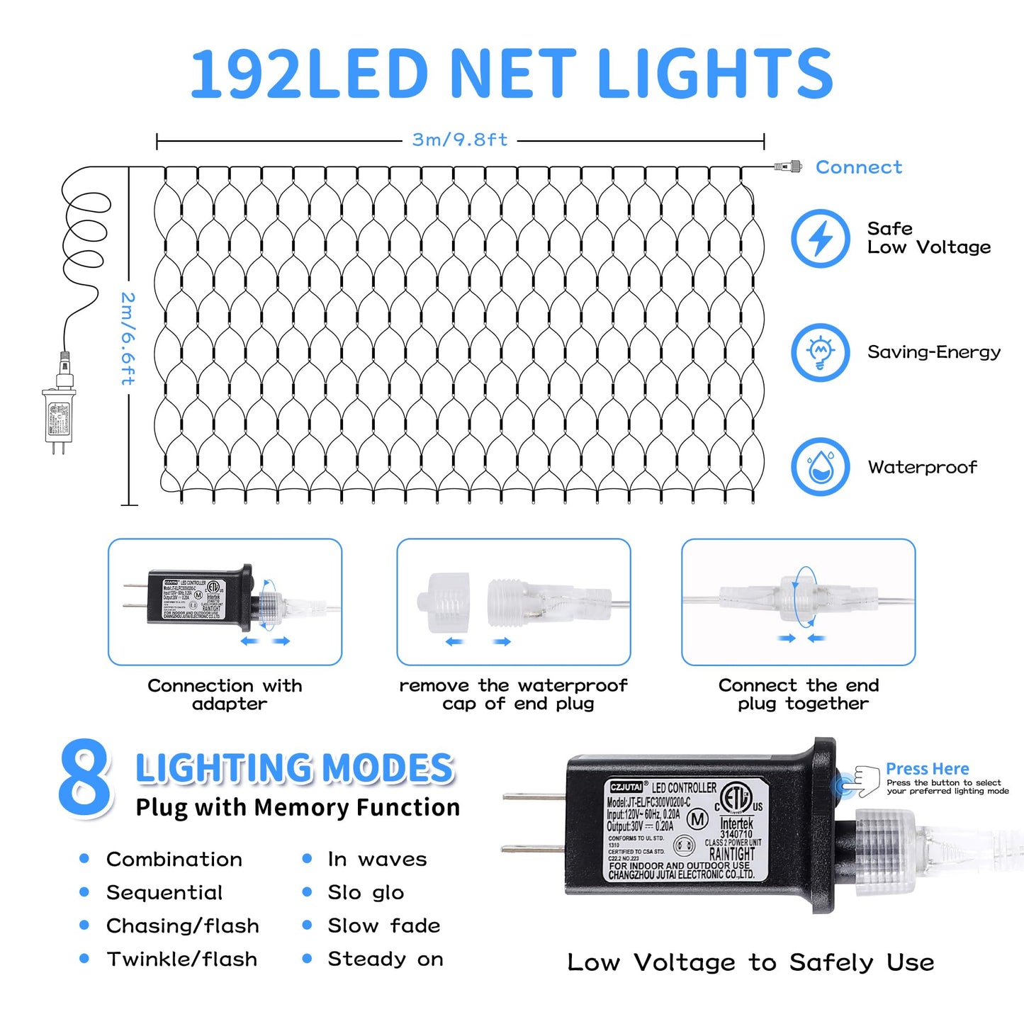 HEYFUNi 192 LED Net Lights Outdoor Mesh Lights,8 Modes Net Light for Bushes Plug in, Waterproof Christmas Net String Light for Bushes Ceiling Wedding
