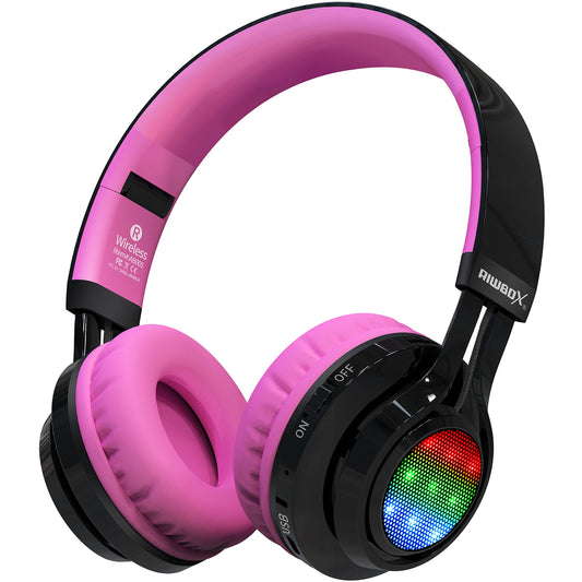 Riwbox Bluetooth Headphones for Kids, AB005 Wireless Kids Headphones V5.3 with Microphone Foldable Headset with LED Light and TF Card FM Radio