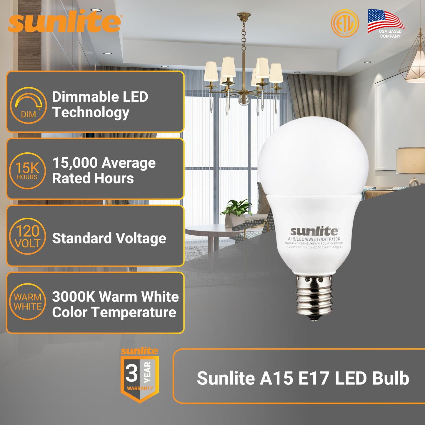 Sunlite 80334-SU LED A15 Light Bulb, 6 Watts (40W Equivalent), Intermediate Base (E17), 480 Lumens, Dimmable, Frosted Finish, ETL Listed, 1 Count