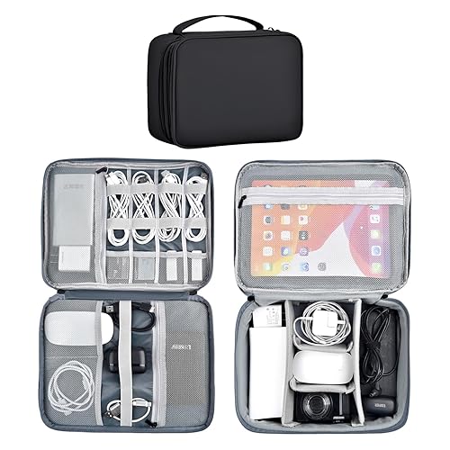 miloocul Large Capacity Electronics Accessories Organizer Travel Case with Adjustable Divider Waterproof Leather Cord Shockproof Tech Organizer Bag