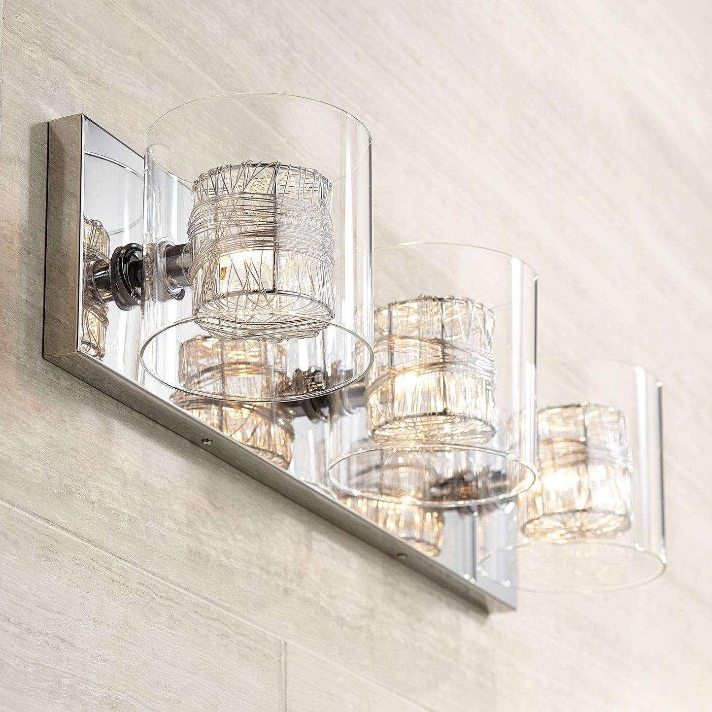 Possini Euro Design Wrapped Wire Modern Wall Light Polished Chrome Silver Metal Hardwired 22" Wide 3-Light Fixture Clear Glass Cylinder Shade
