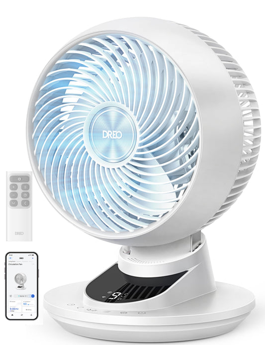 DREO Smart Fan for Bedroom, Powerful 85 ft Airflow, 12 Inches, Desk Fans in 20dB Quiet, 90°+90° oscillating fans, App/Voice Control, 9 Speeds & 8/12H