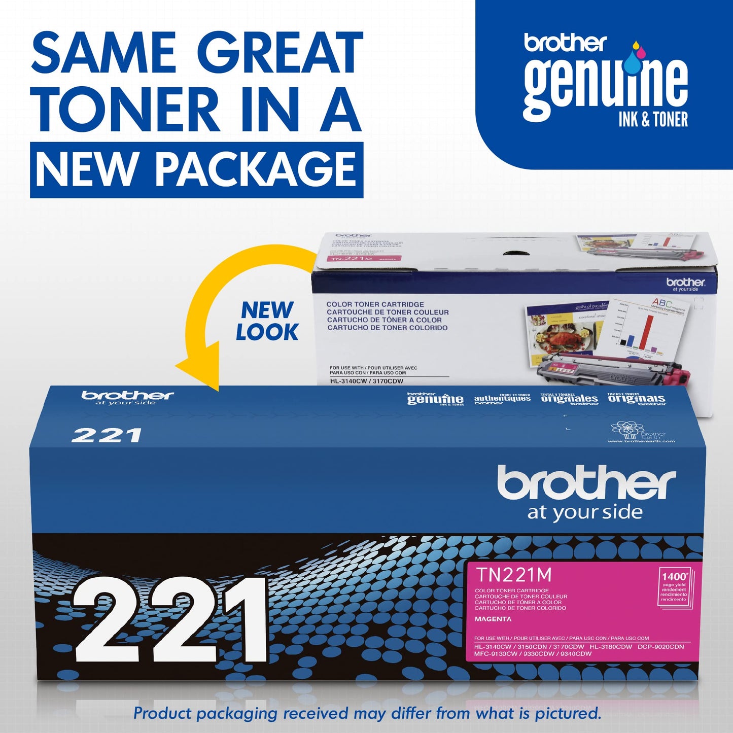 Brother TN-221M DCP-9015 9020 HL-3140 3150 3170 3180 MFC-9130 9140 9330 9340 Toner Cartridge (Magenta) in Retail Packaging