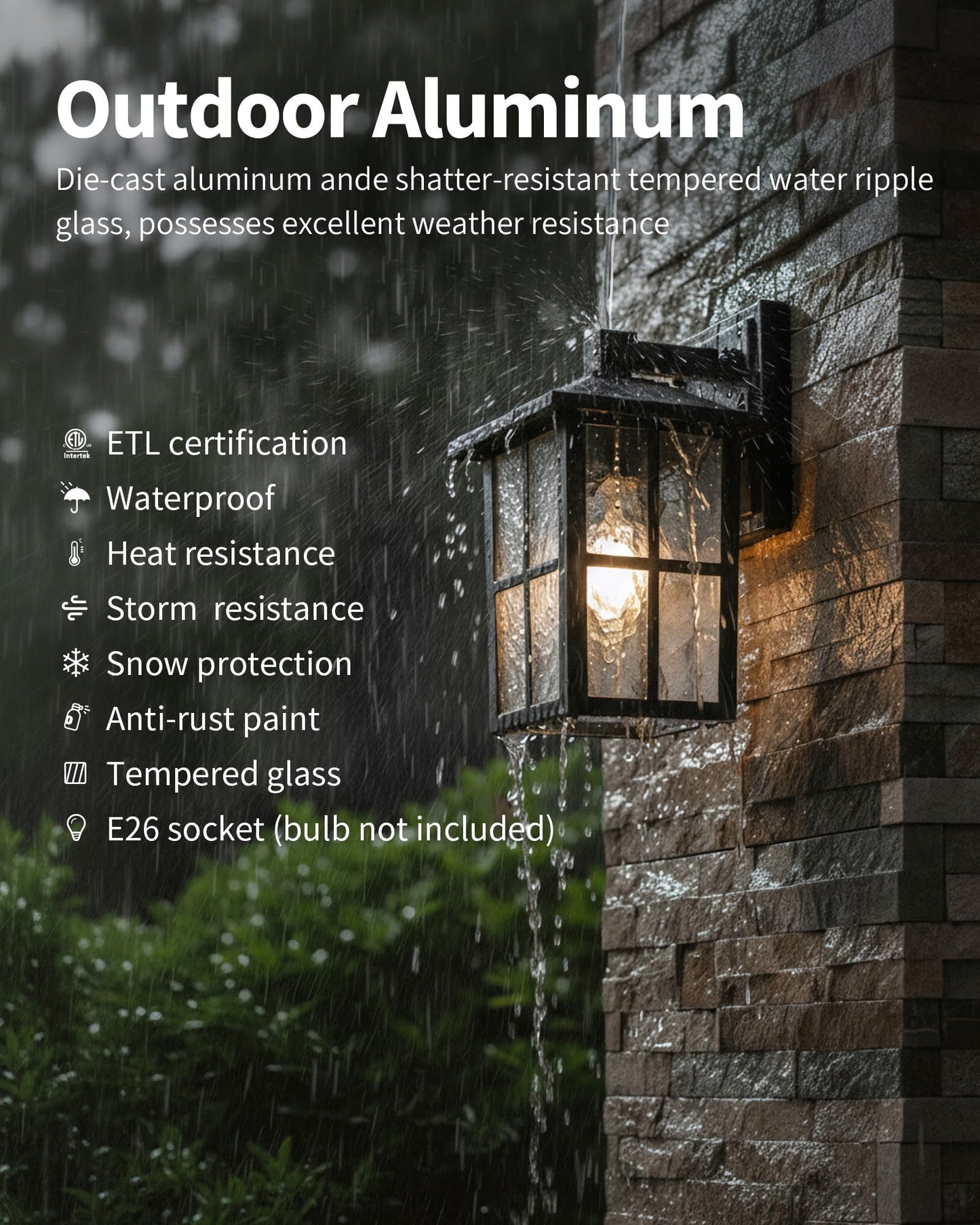 KDG Outdoor Waterproof Patio Wall Light Fixtures Set of 2, Black E26 Socket Exterior Lanterns with Tempered Glass, Modern Wall Mounted Lamp Suitable