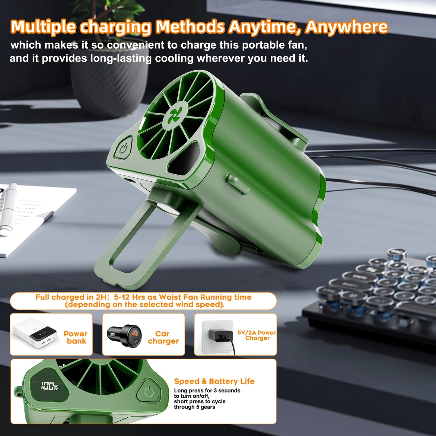 Portable Walst Fan Cip on Wearable Belt Personal Fans, Mini Personal Fans