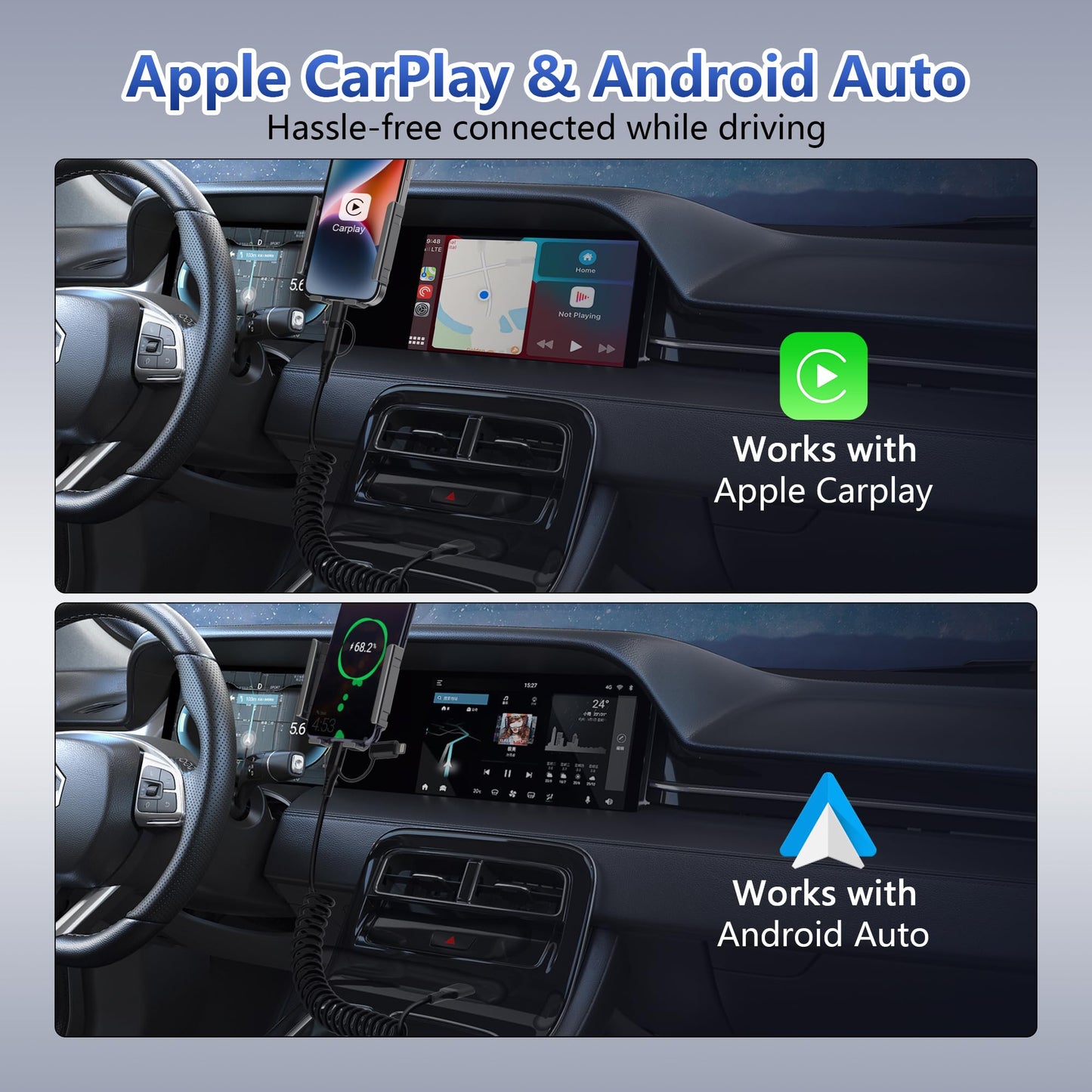 USB to USB-C and Lightning Cable 2 in 1 Support Apple Carplay & Android Auto [MFi Certified] 3A Fast Charge & Data Sync,Short Coiled Lightning…