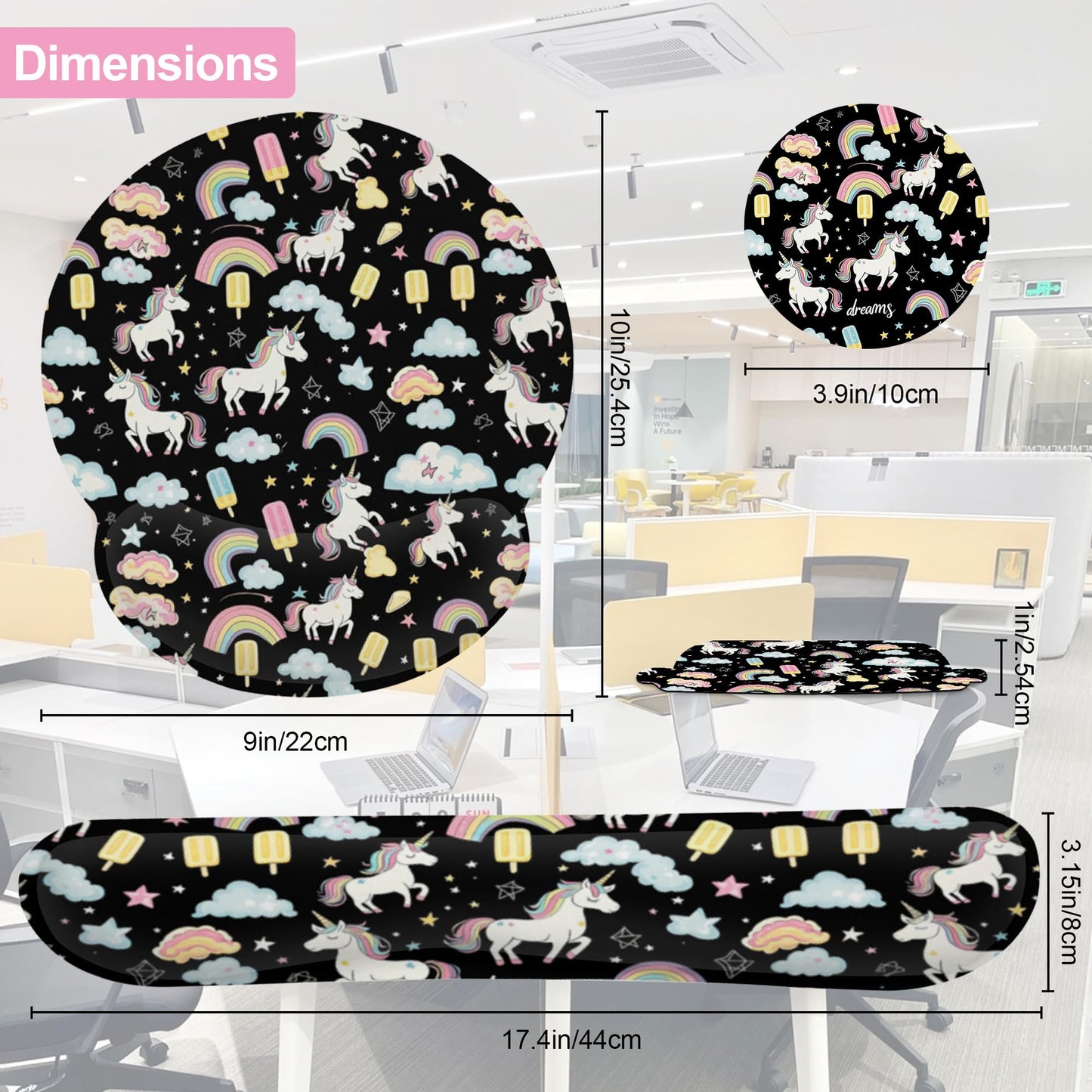 Cute Unicorn Starry Sky Rainbow Ergonomic Wrist Support Keyboard Mouse Wrist Rest Set, Computer Office Comfortable Wrist Rest for Mouse Easy Typing