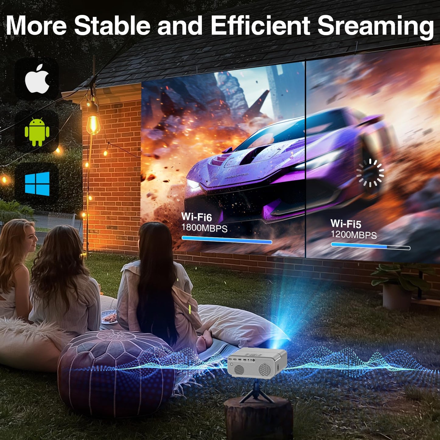 [Auto Focus/4K Support] Projector with WiFi and Bluetooth, Native 1080P Outdoor Movie Projector with Auto Focus/4P6D Keystone/50% Zoom/PPT, DBPOWER